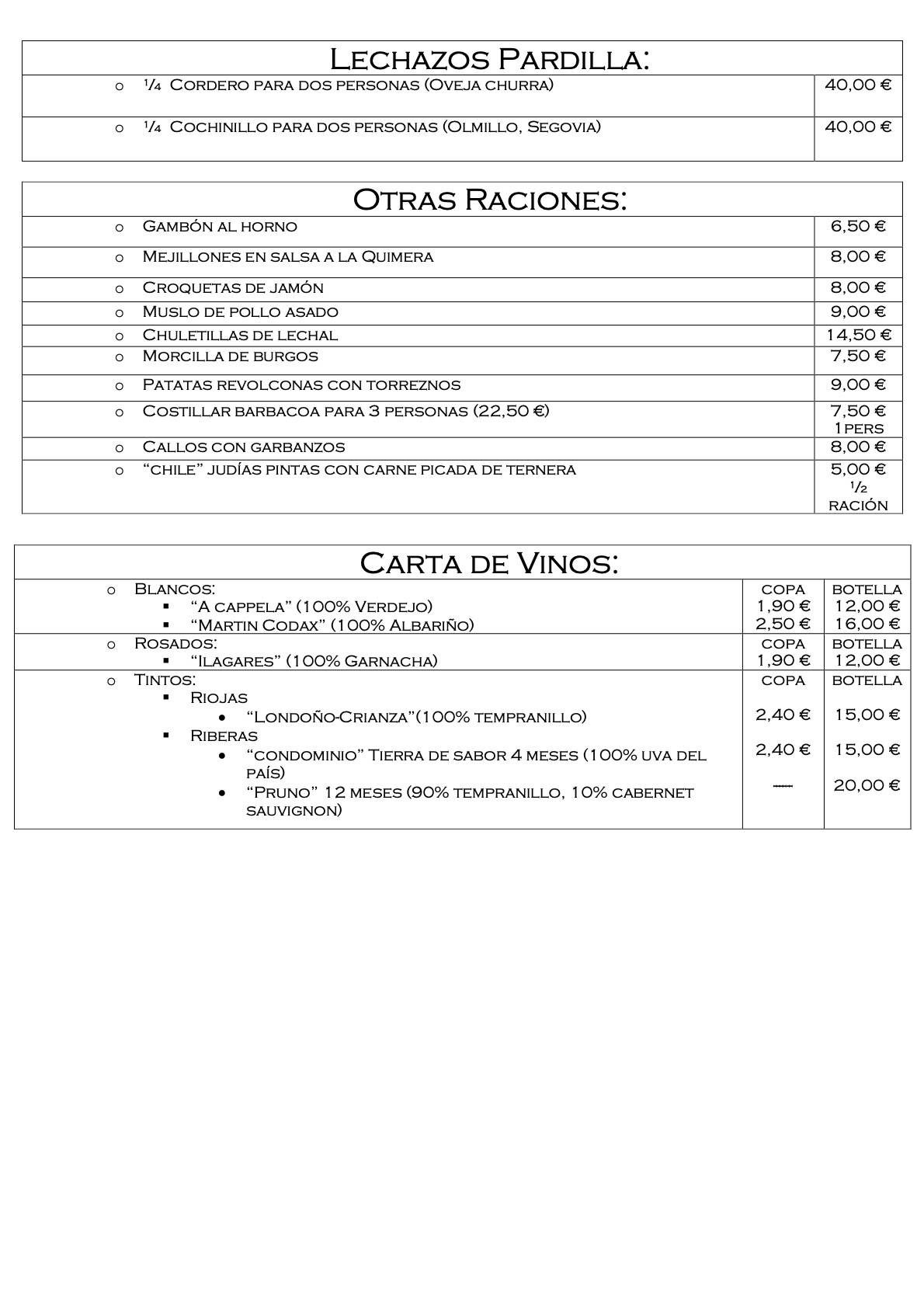 Gastrobar Quimera меню