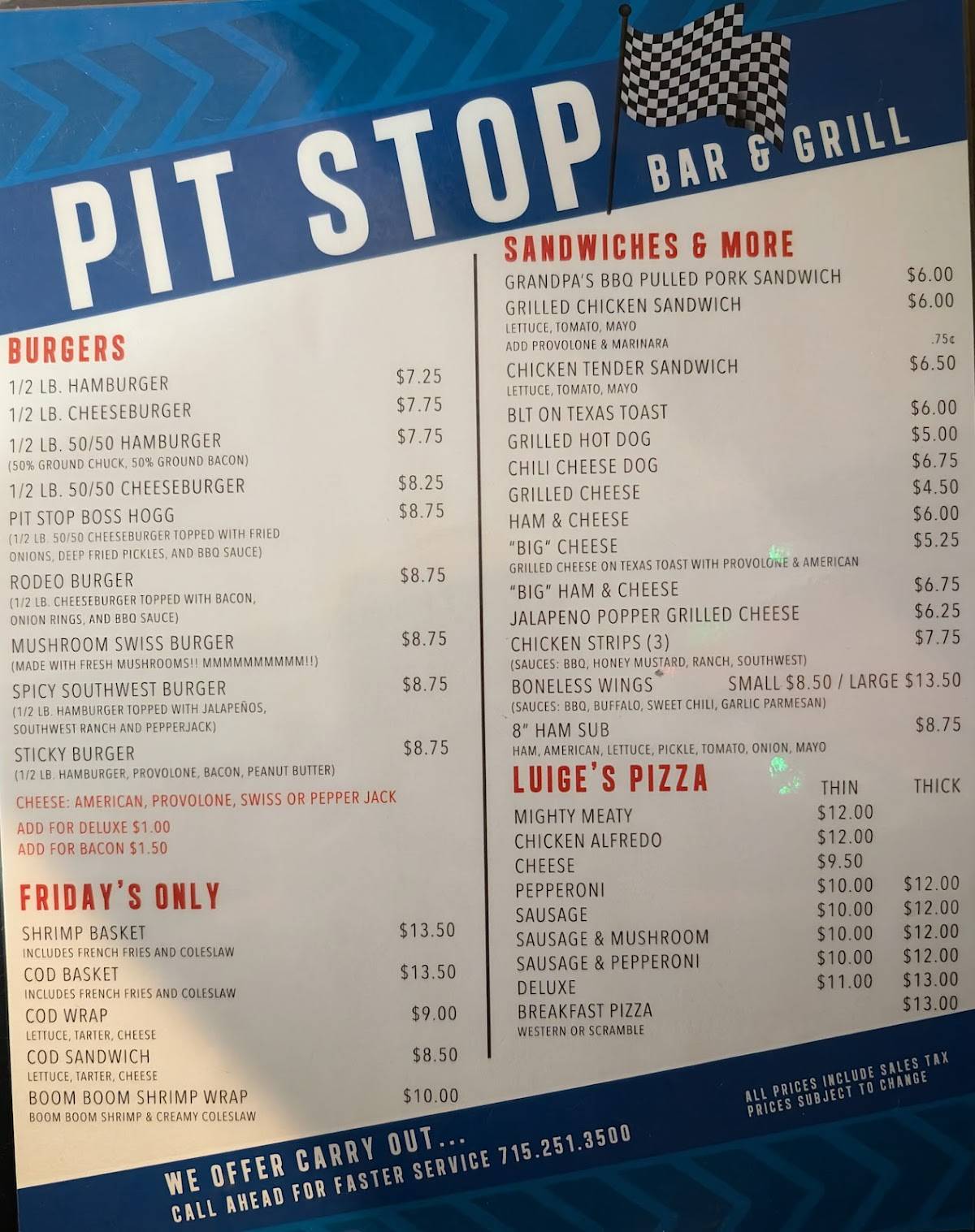 PIT STOP BAR & GRILL меню