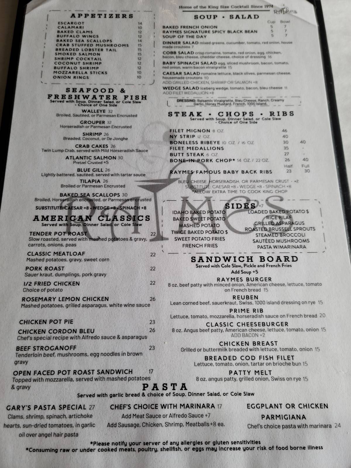 Raymes Steak & Fish House меню