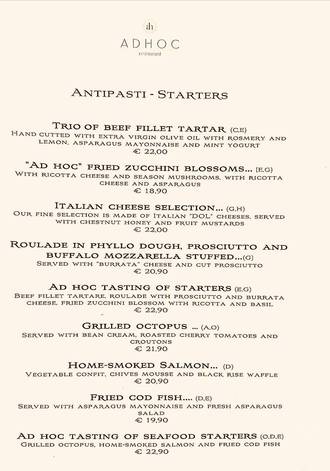 Ristorante Ad Hoc меню