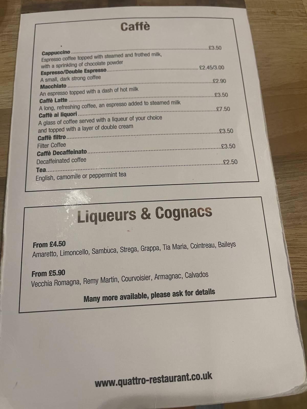 Quattro Italian Restaurant меню