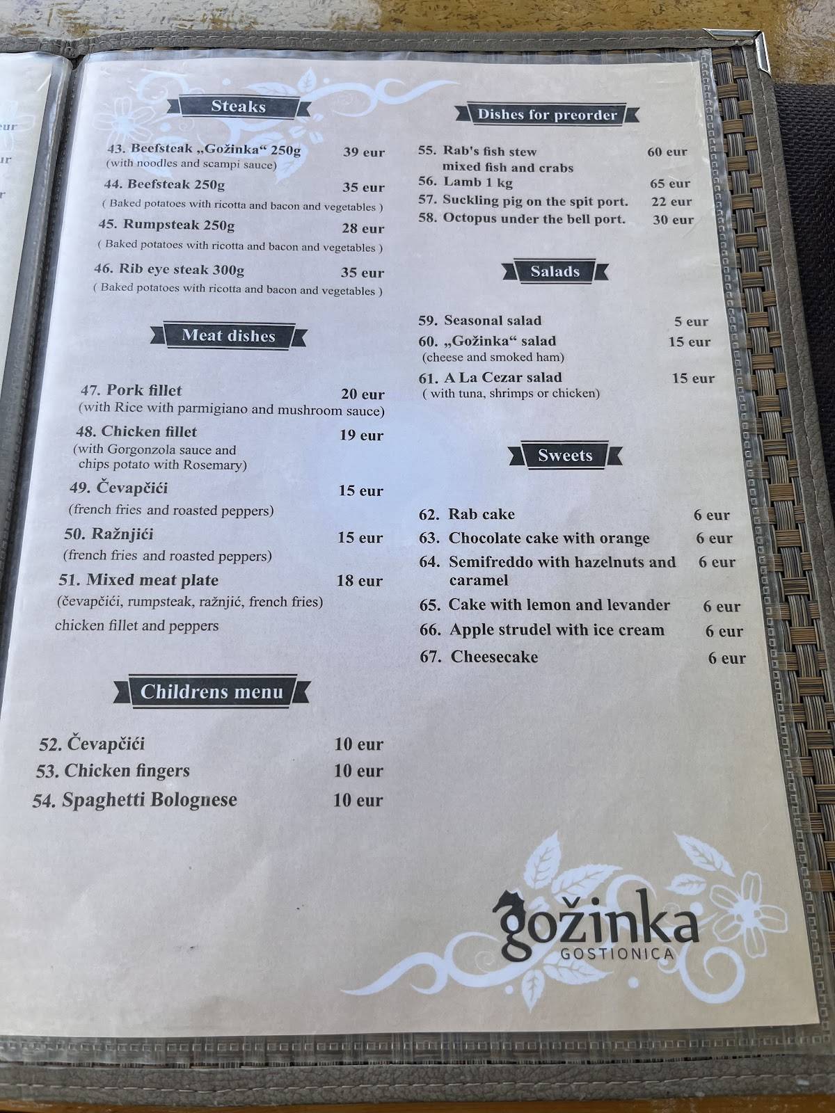 Gostionica Gožinka меню