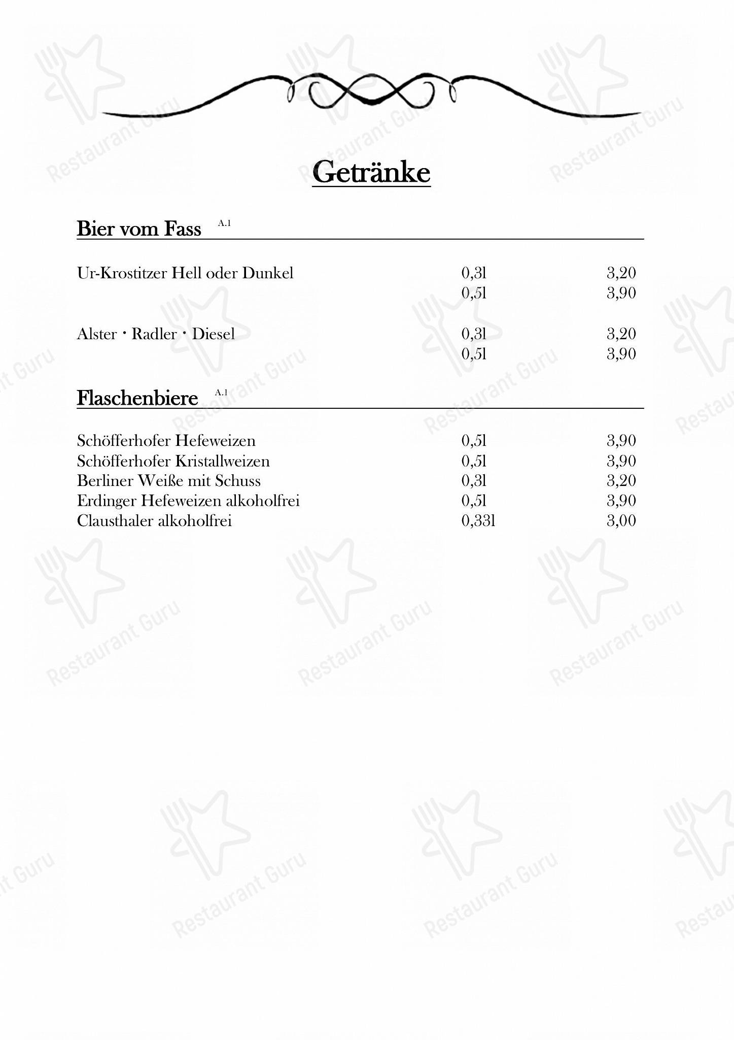 Меню ресторана SCHUBIS RABENSCHÄNKE - Меню