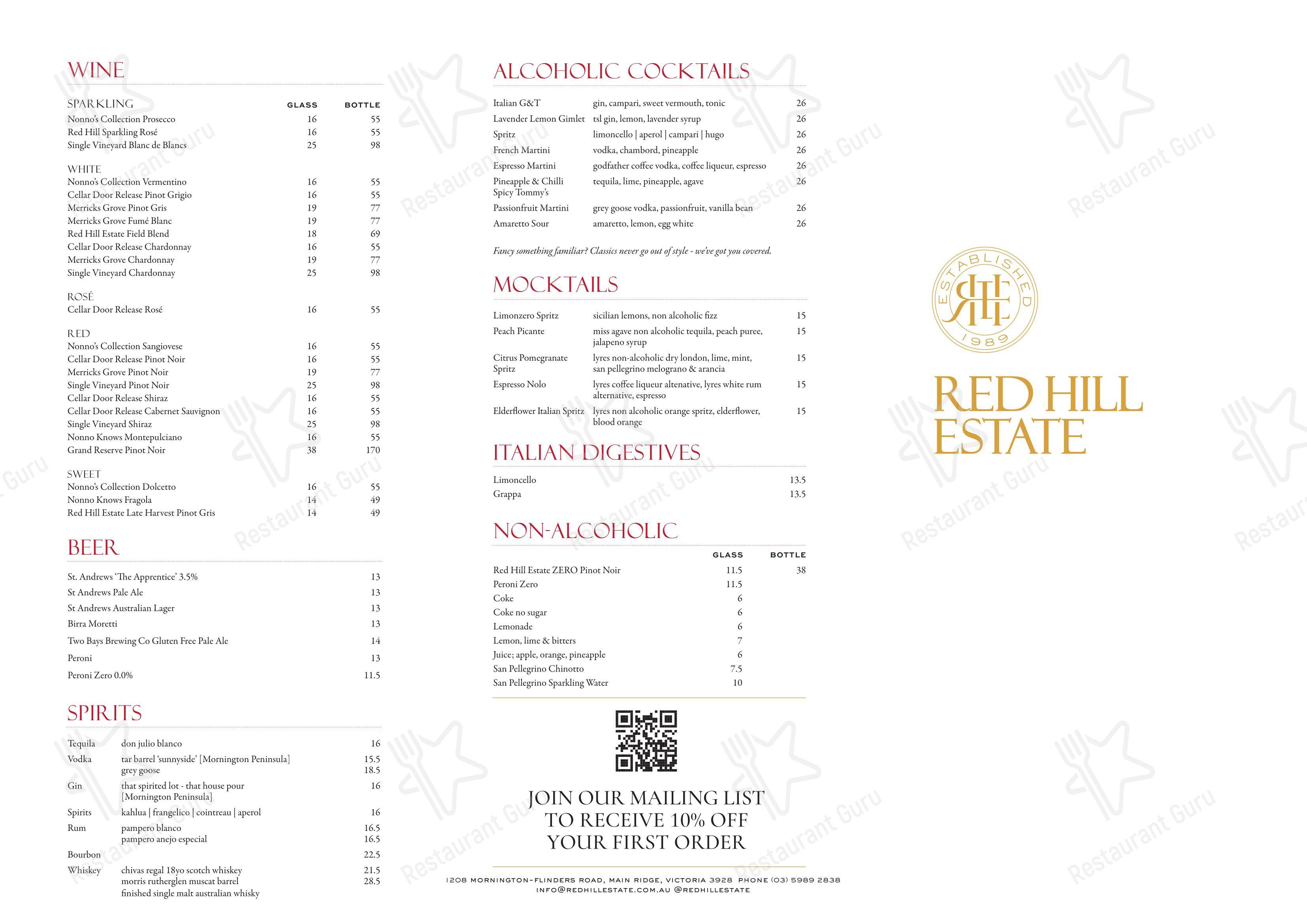 Меню паба и бара Red Hill Estate