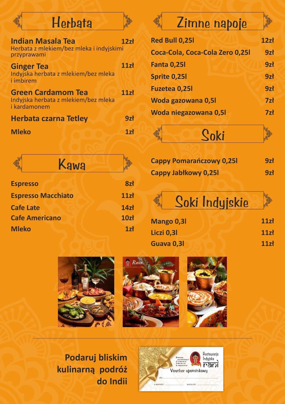 Restauracja Indyjska Rani Rzeszów меню