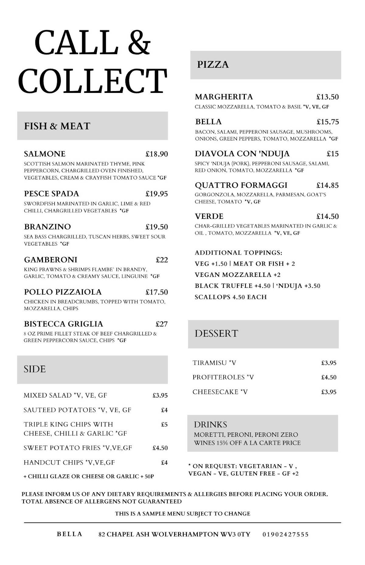 Bella Restaurant Ltd меню