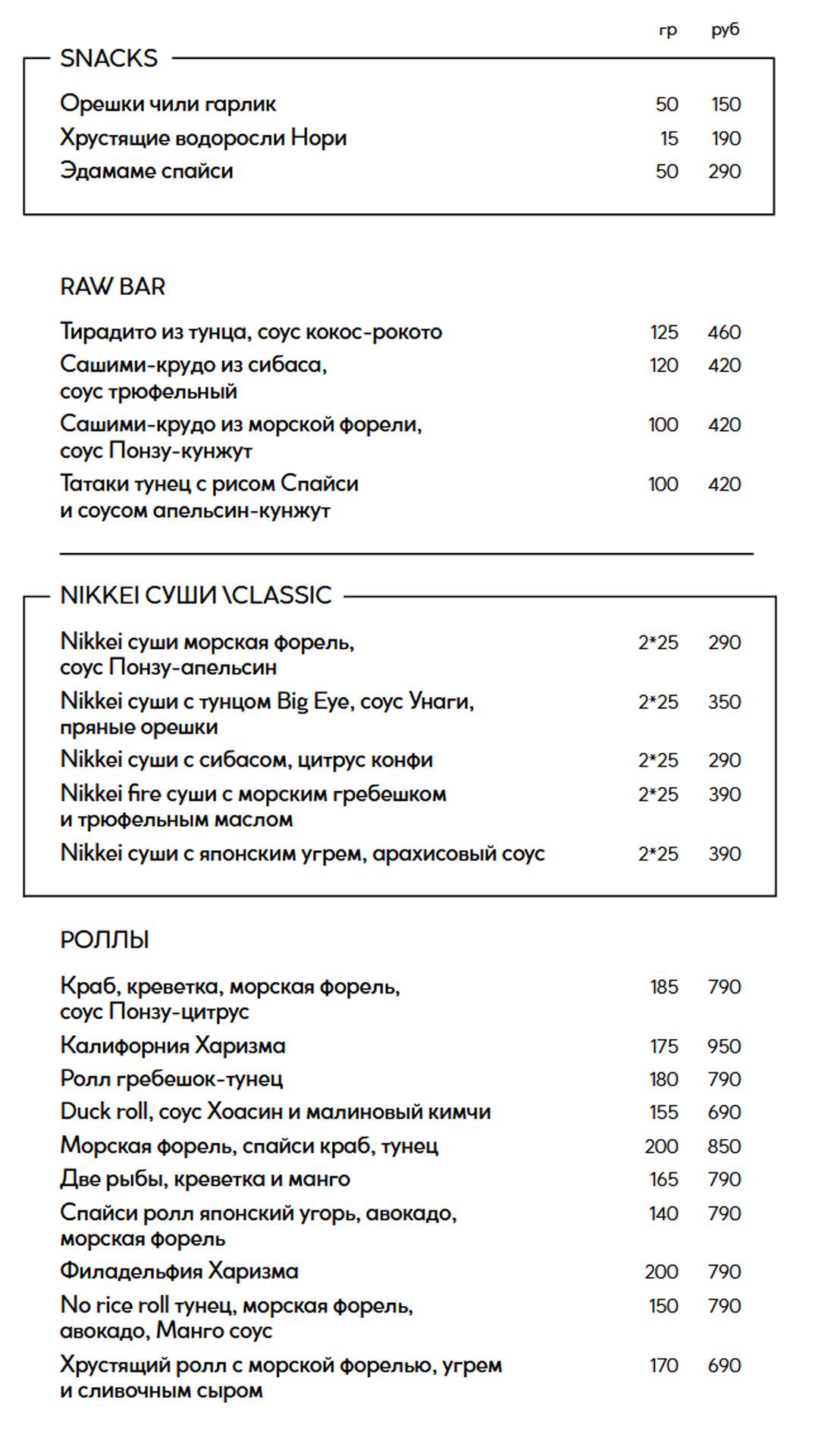 Харизма меню