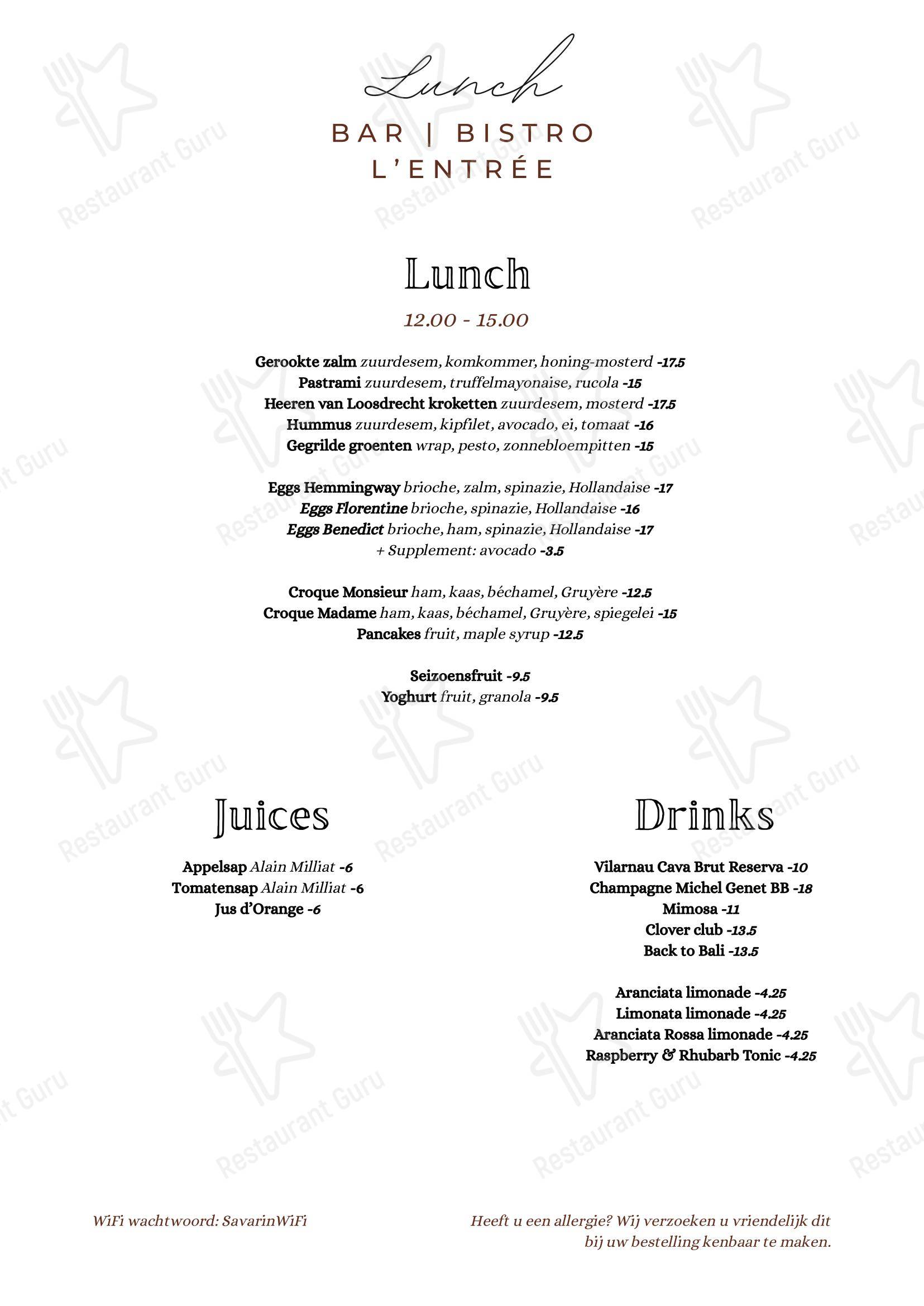 Основное меню ресторана Restaurant, Hotel & Spa Savarin