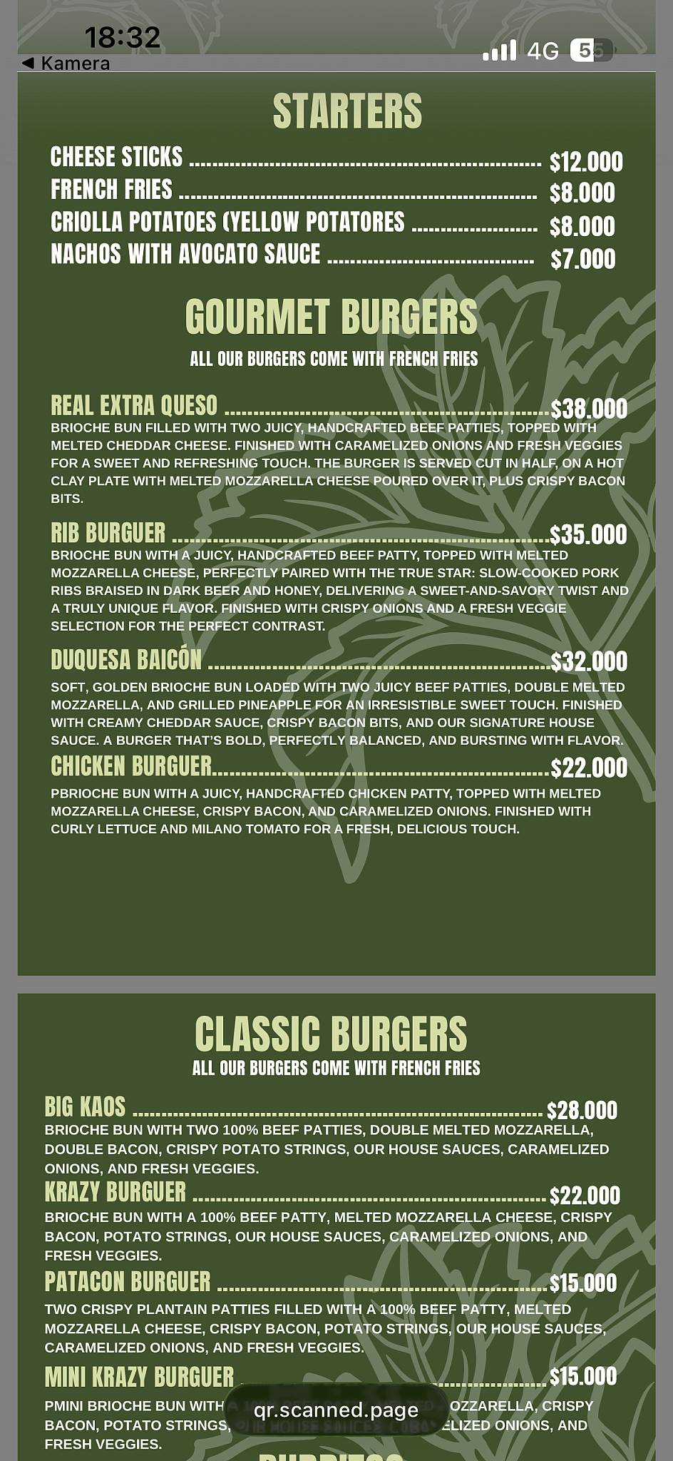 Restaurante Krazy kaos меню