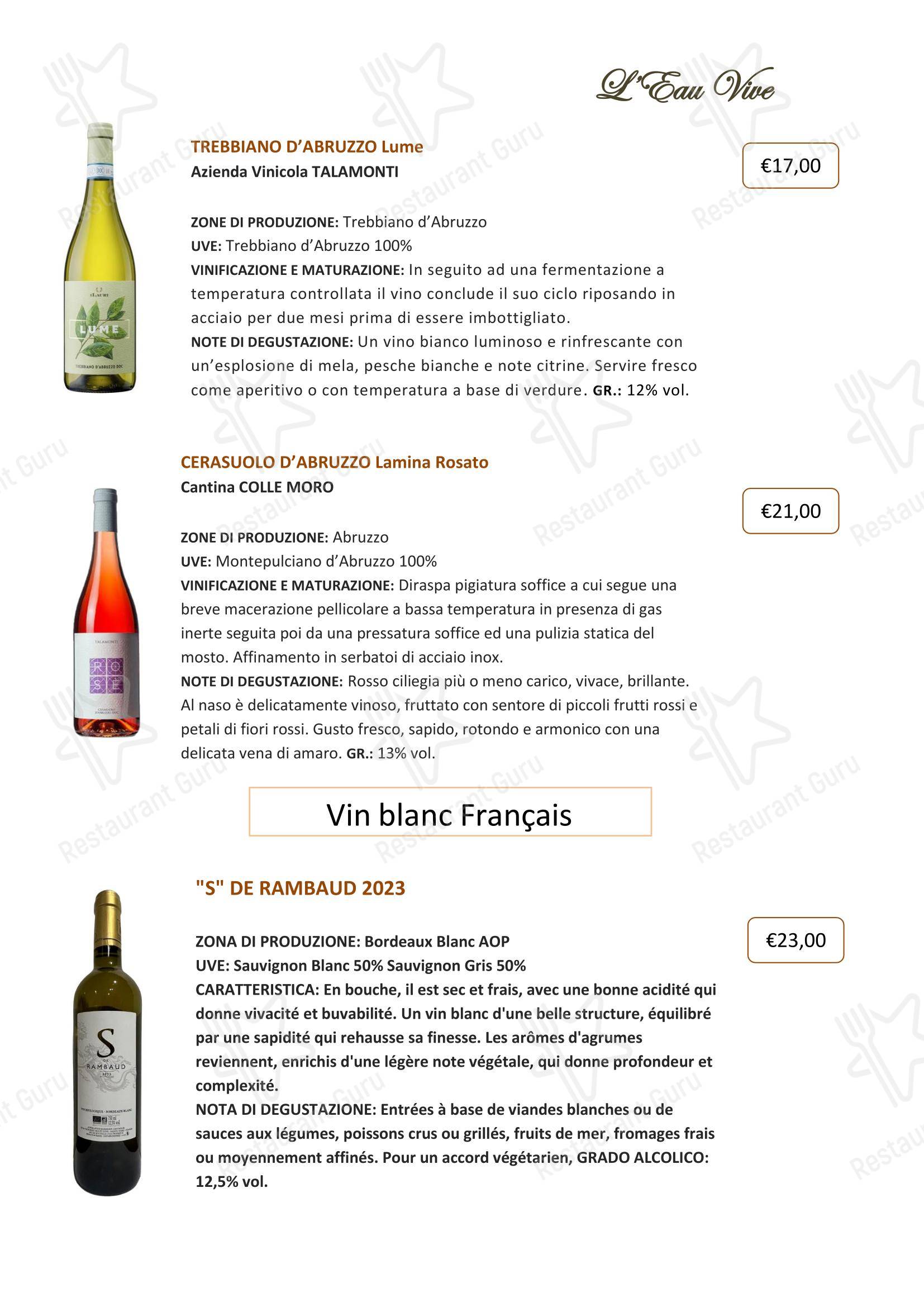 Lunch Menu ресторана Restaurant L'Eau Vive