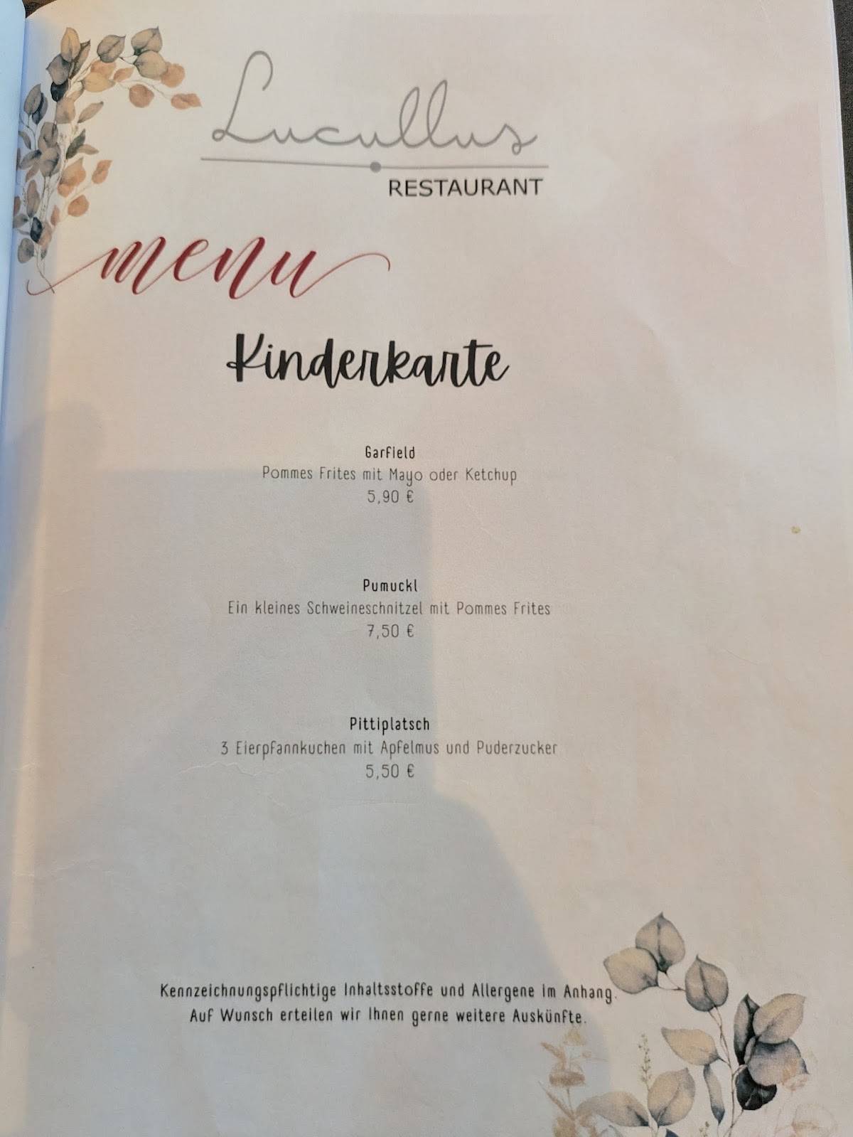 Restaurant Lucullus меню