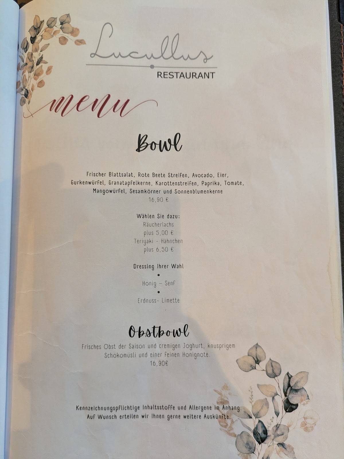 Restaurant Lucullus меню