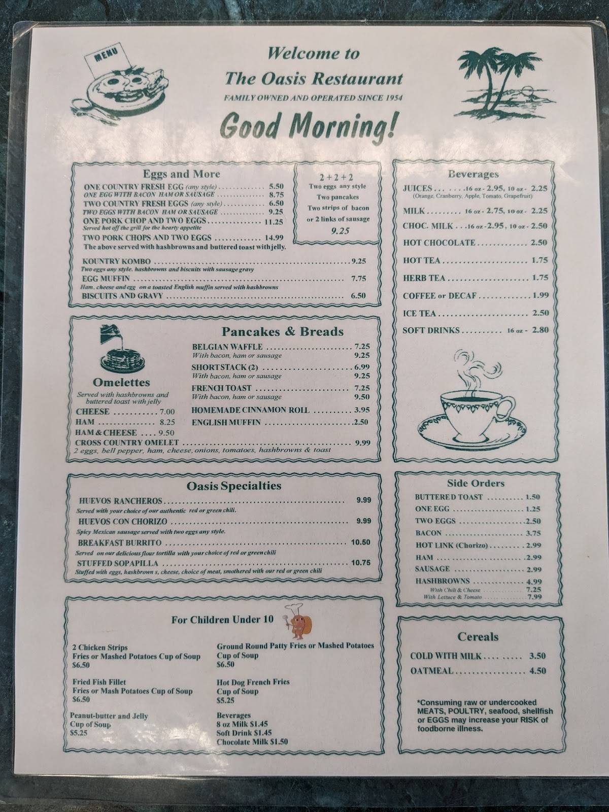 Oasis Restaurant and Motel меню