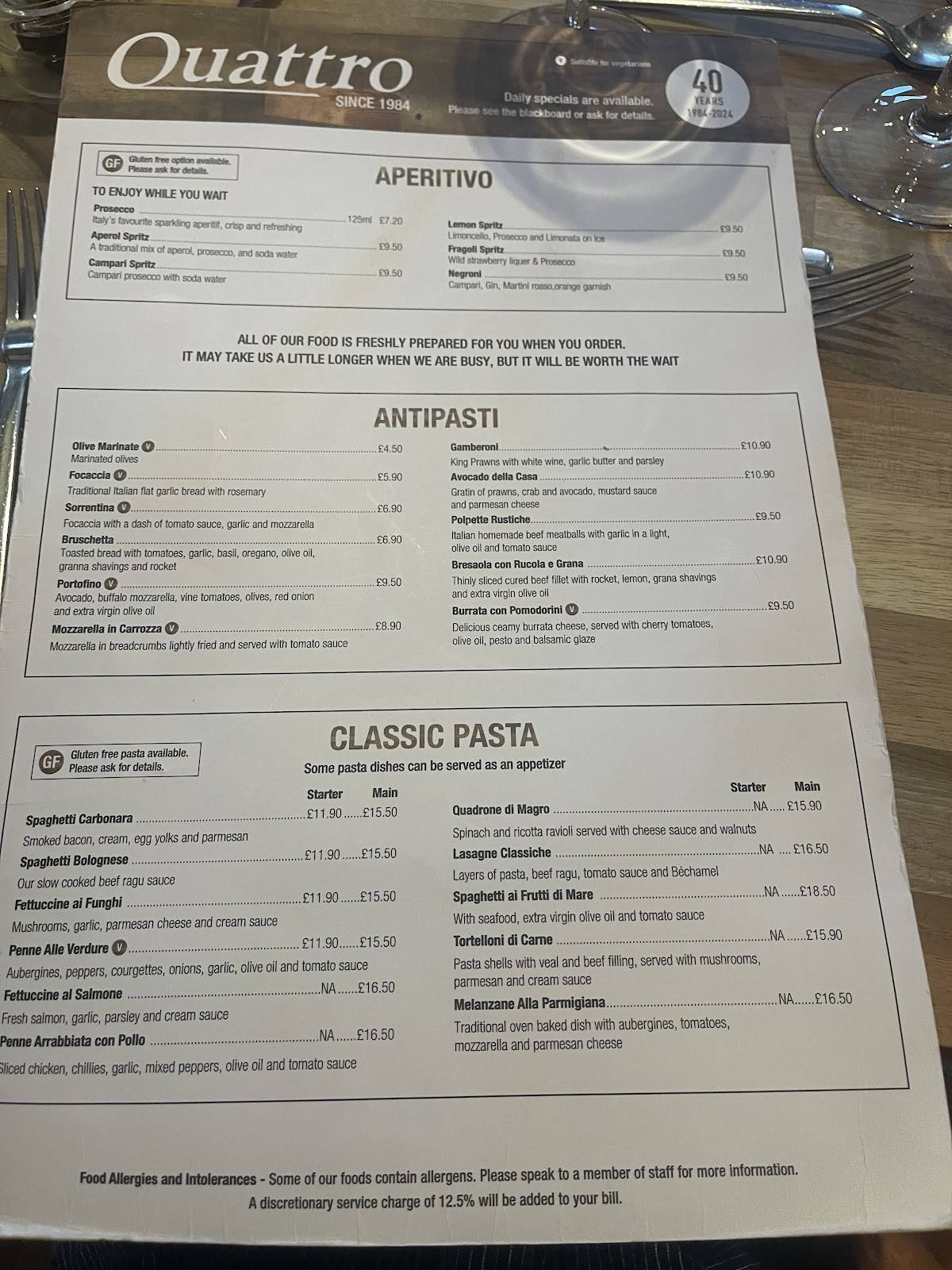 Quattro Italian Restaurant меню