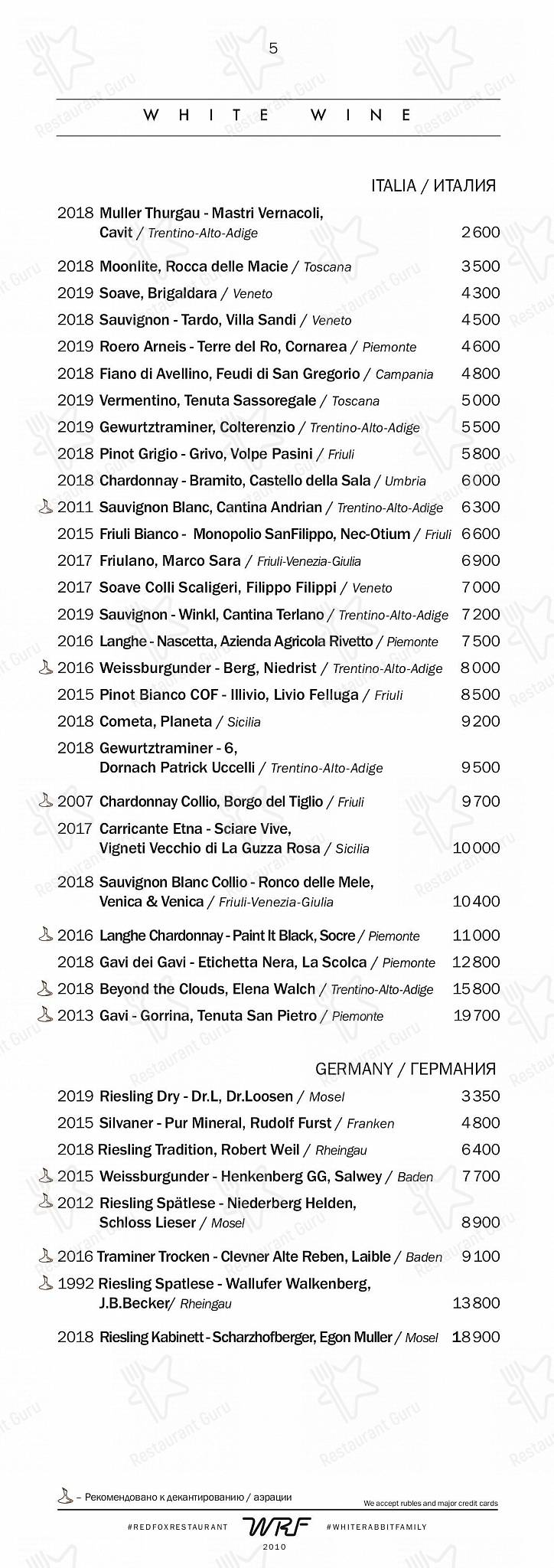 Dinner Menu ресторана Red Fox