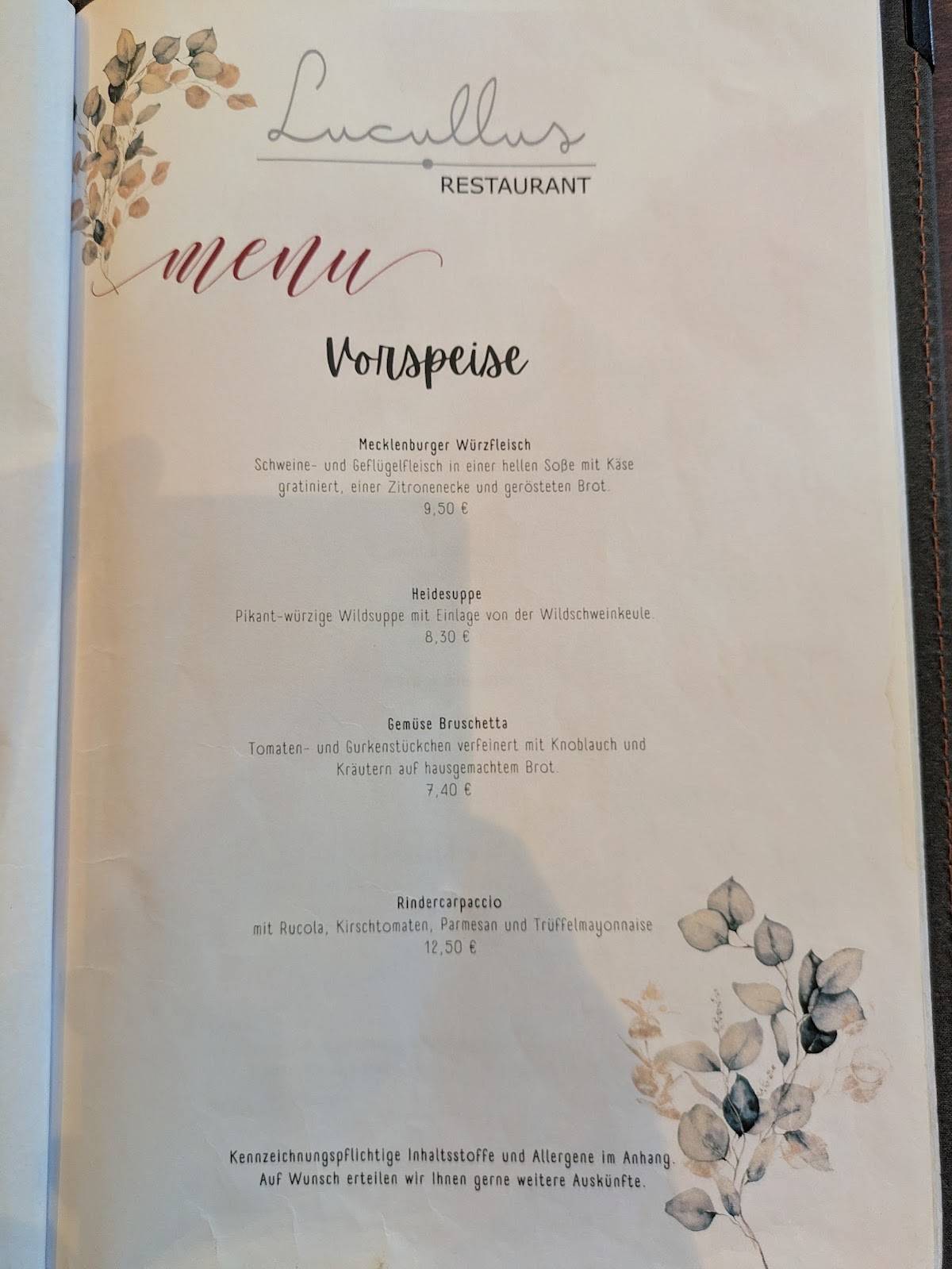 Restaurant Lucullus меню
