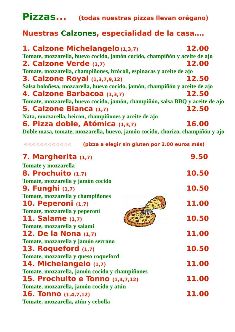 Restaurante Pizzería Michelangelo меню