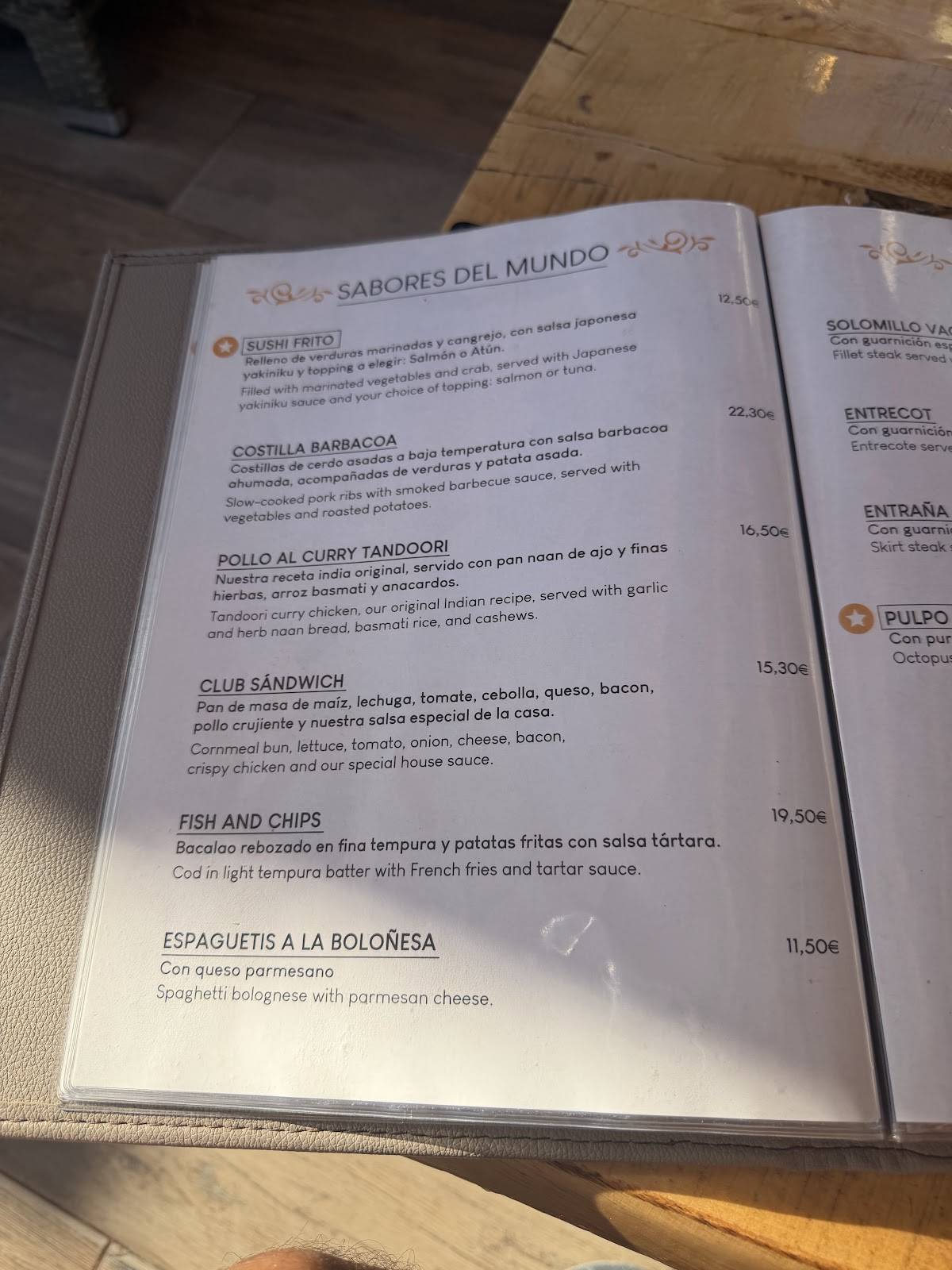 Restaurante Tango - Playa La Fossa меню