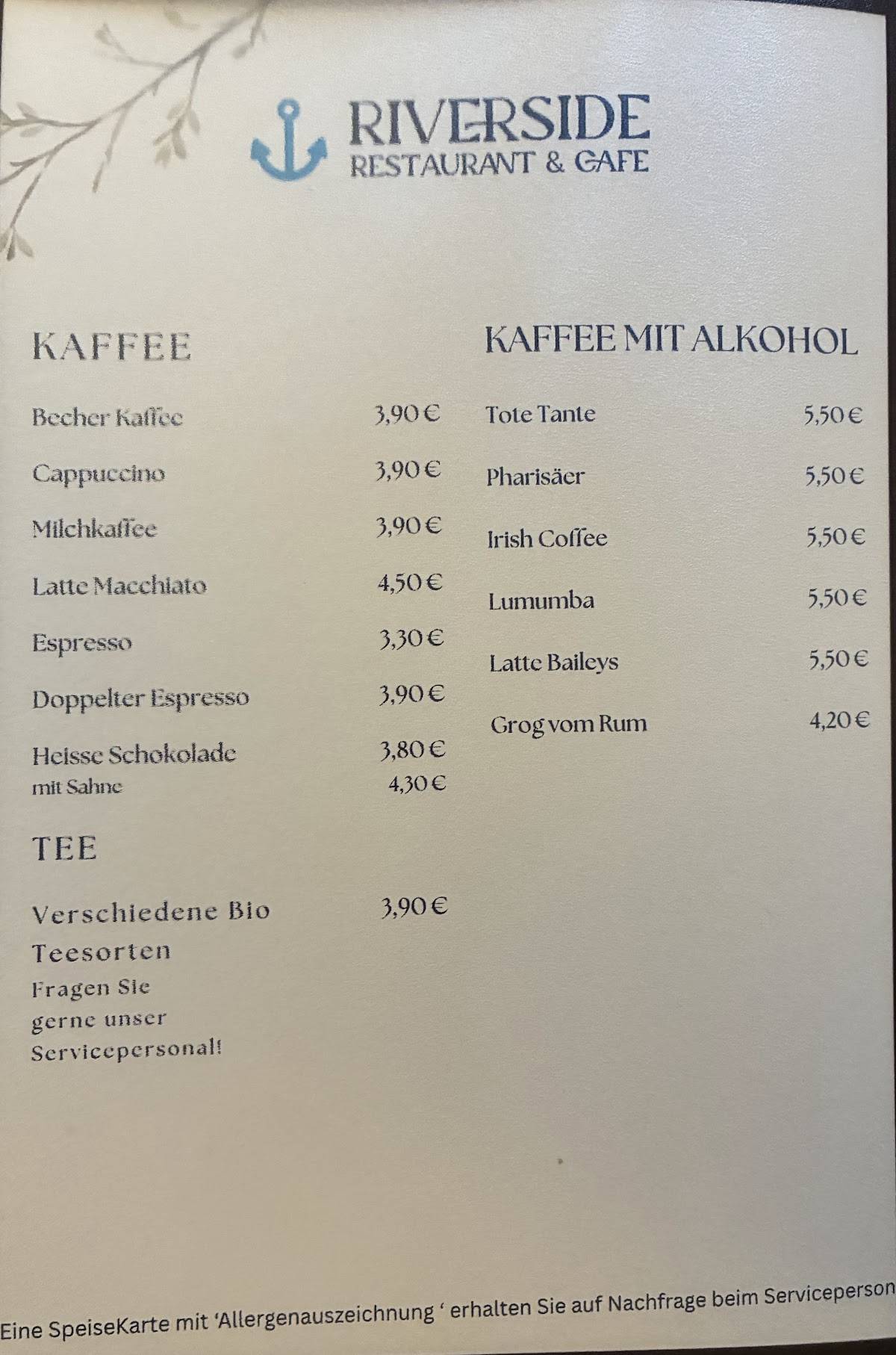 Riverside Restaurant & Cafe меню