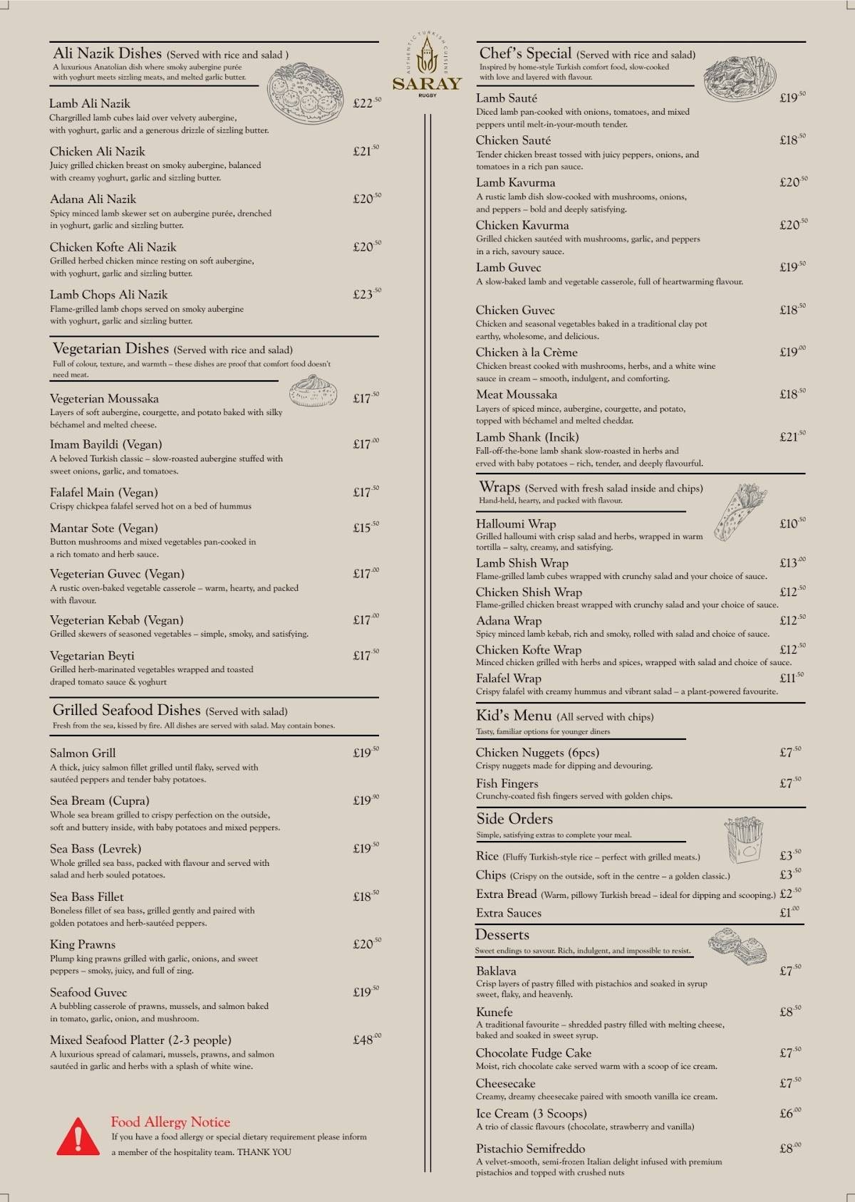 Saray Turkish Restaurant меню
