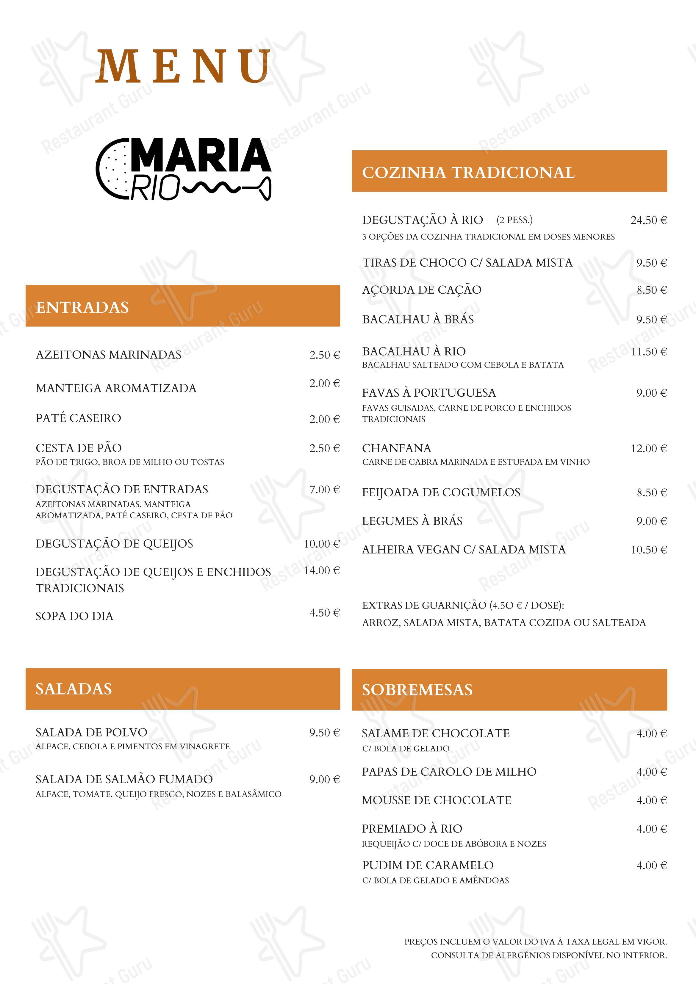 Меню ресторана Restaurante Maria Rio в Коимбре