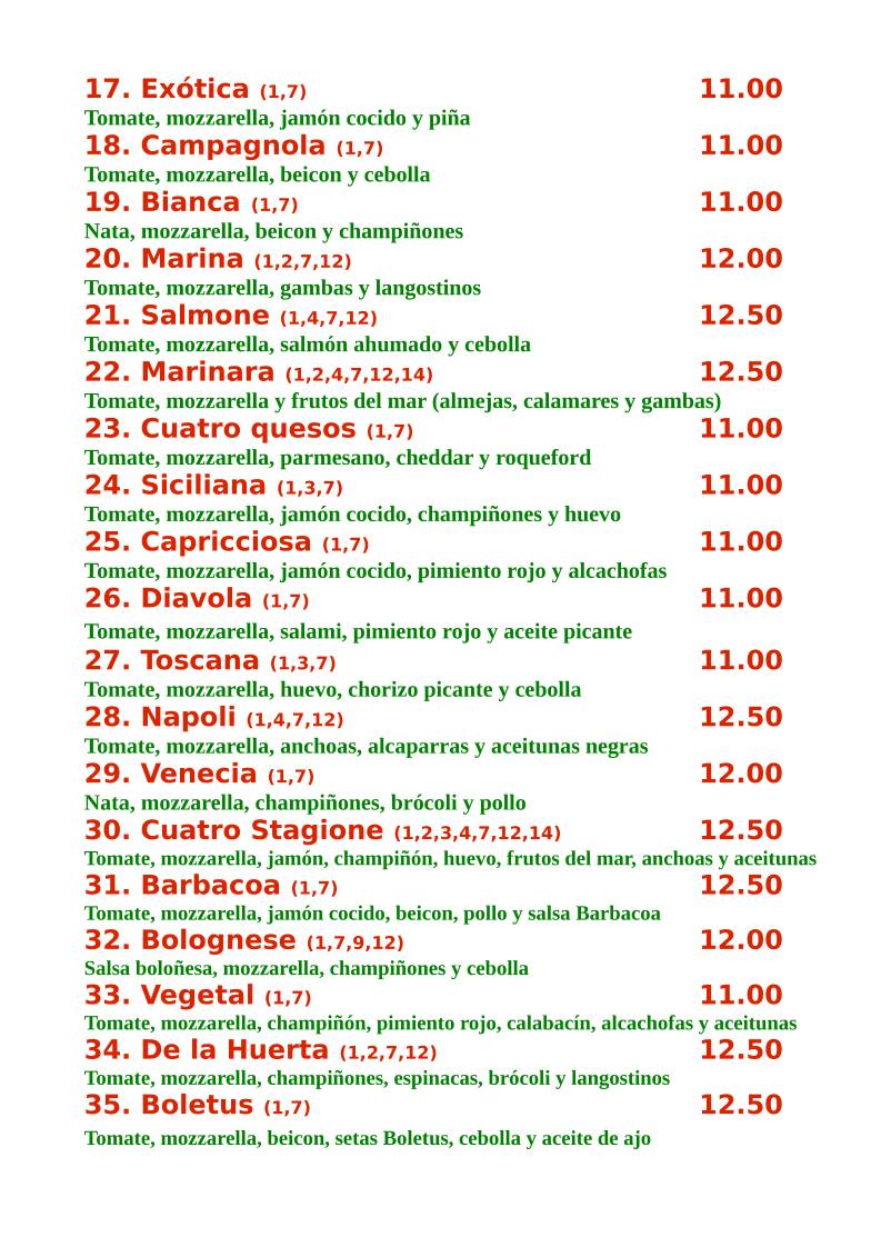 Restaurante Pizzería Michelangelo меню