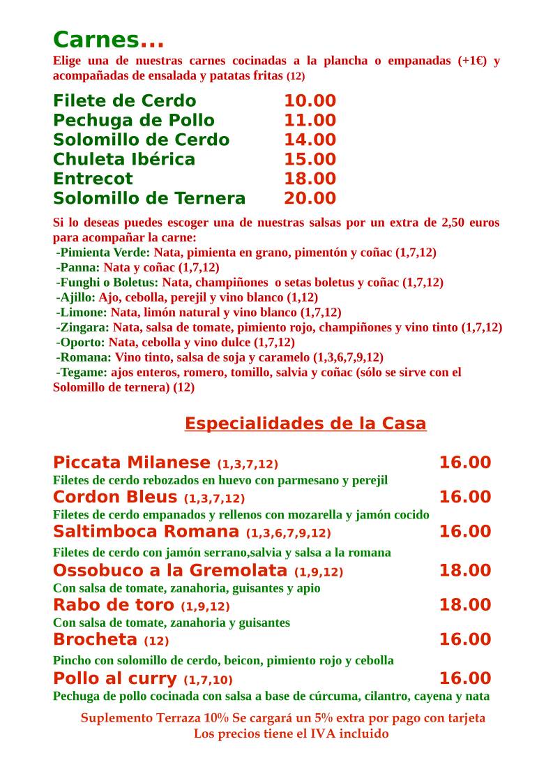 Restaurante Pizzería Michelangelo меню