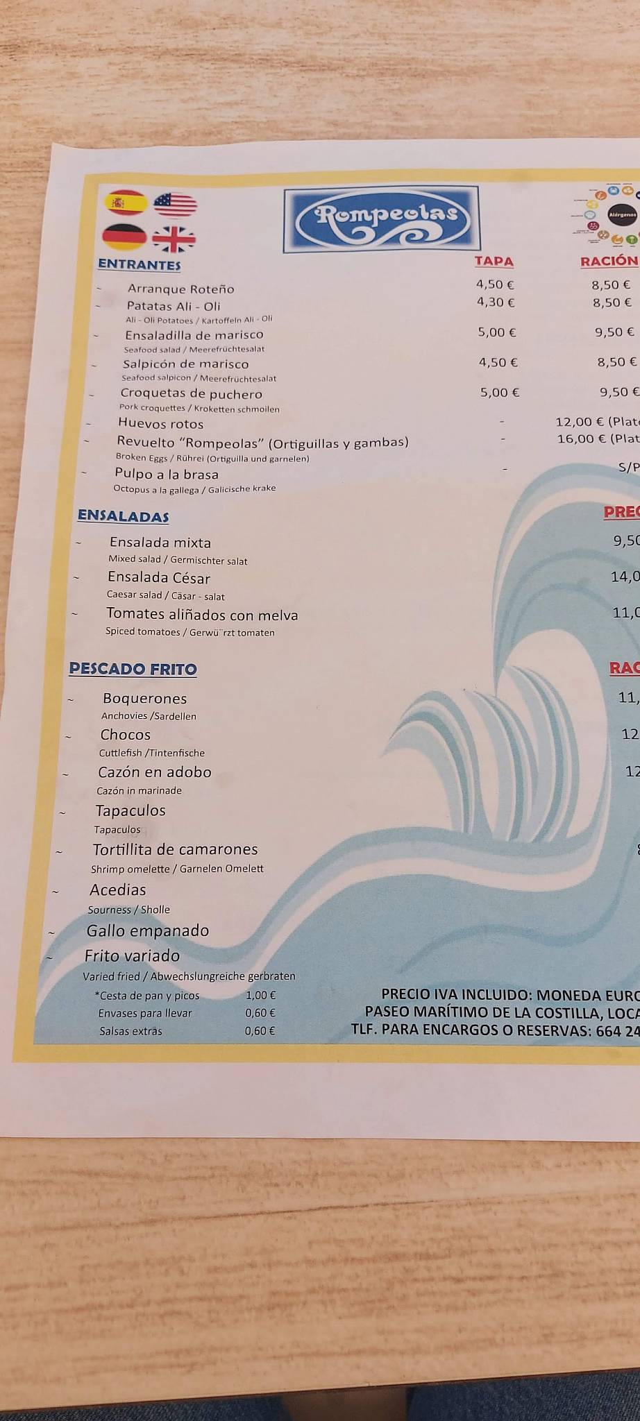 Restaurante Rompeolas меню
