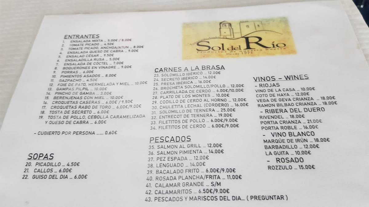 Restaurante Sol Del Río меню