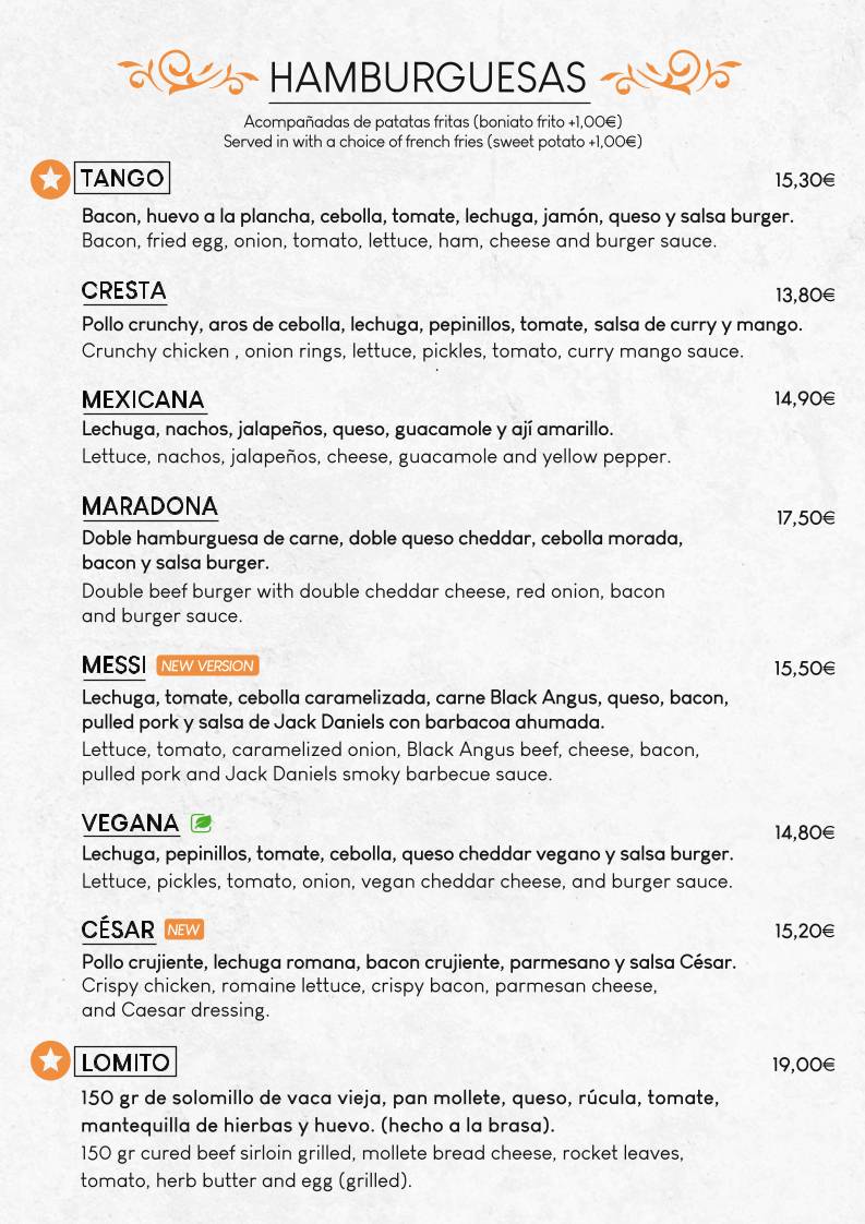 Restaurante Tango - Playa La Fossa меню