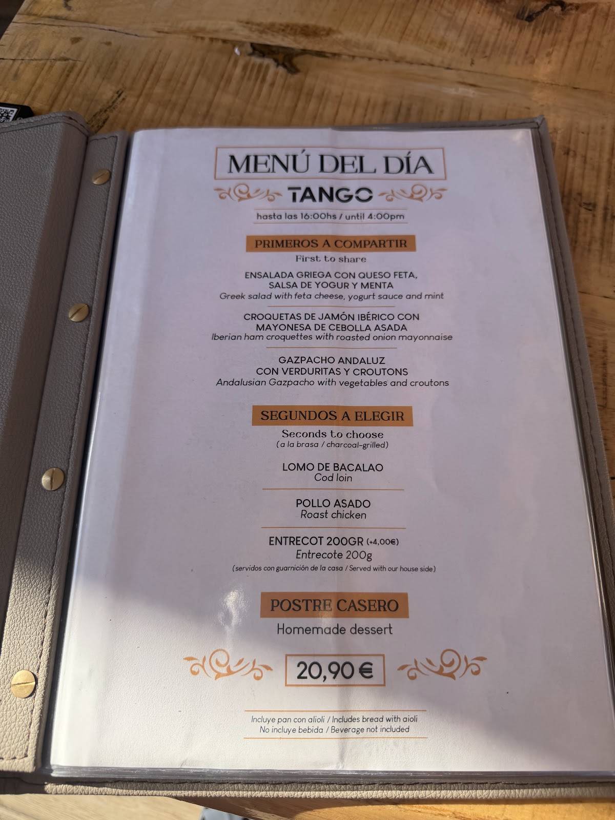 Restaurante Tango - Playa La Fossa меню