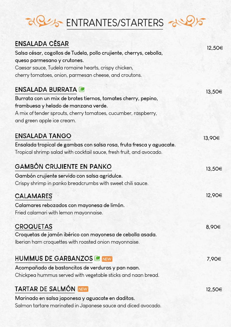 Restaurante Tango - Playa La Fossa меню