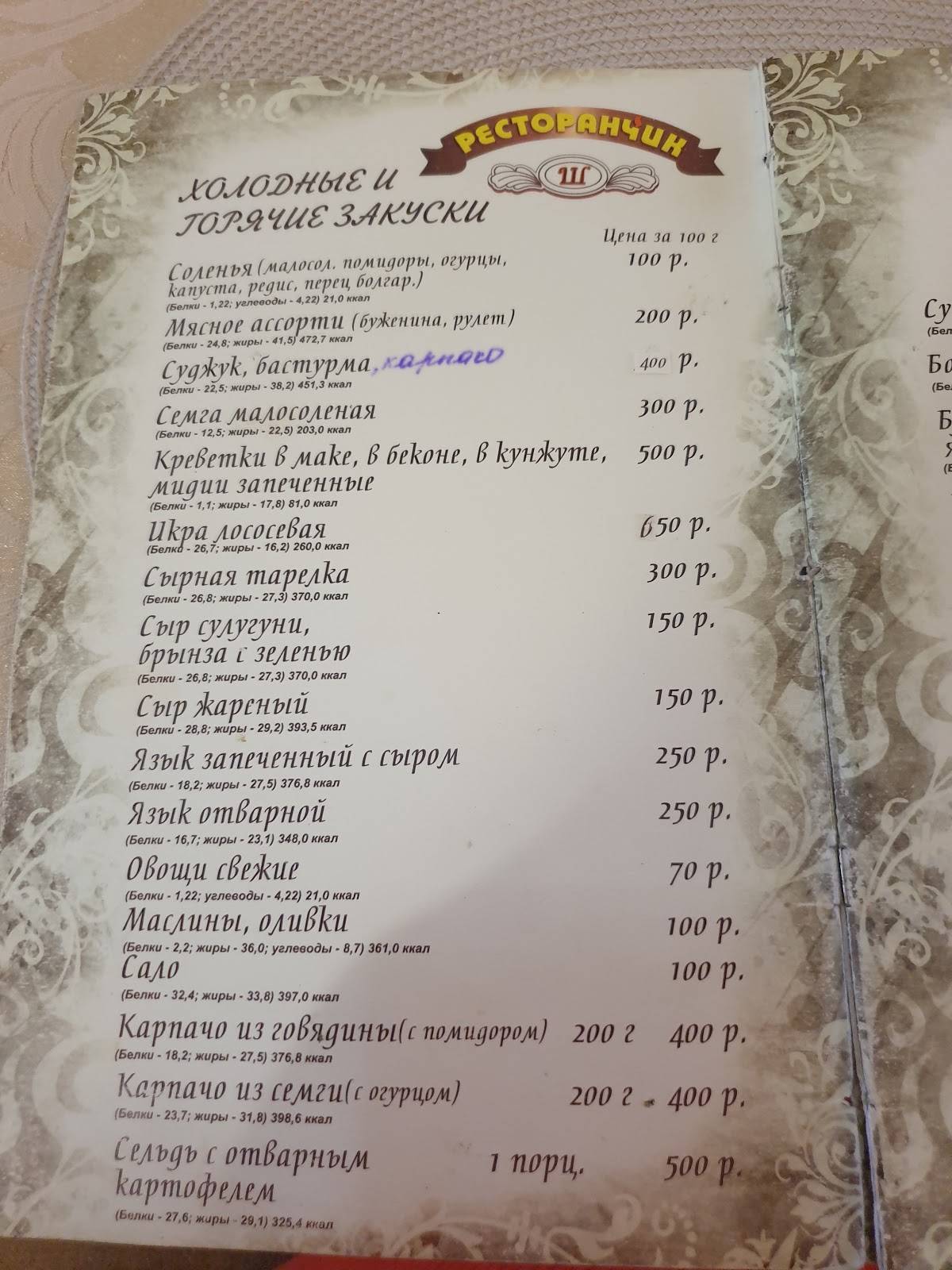 Ресторанчик меню