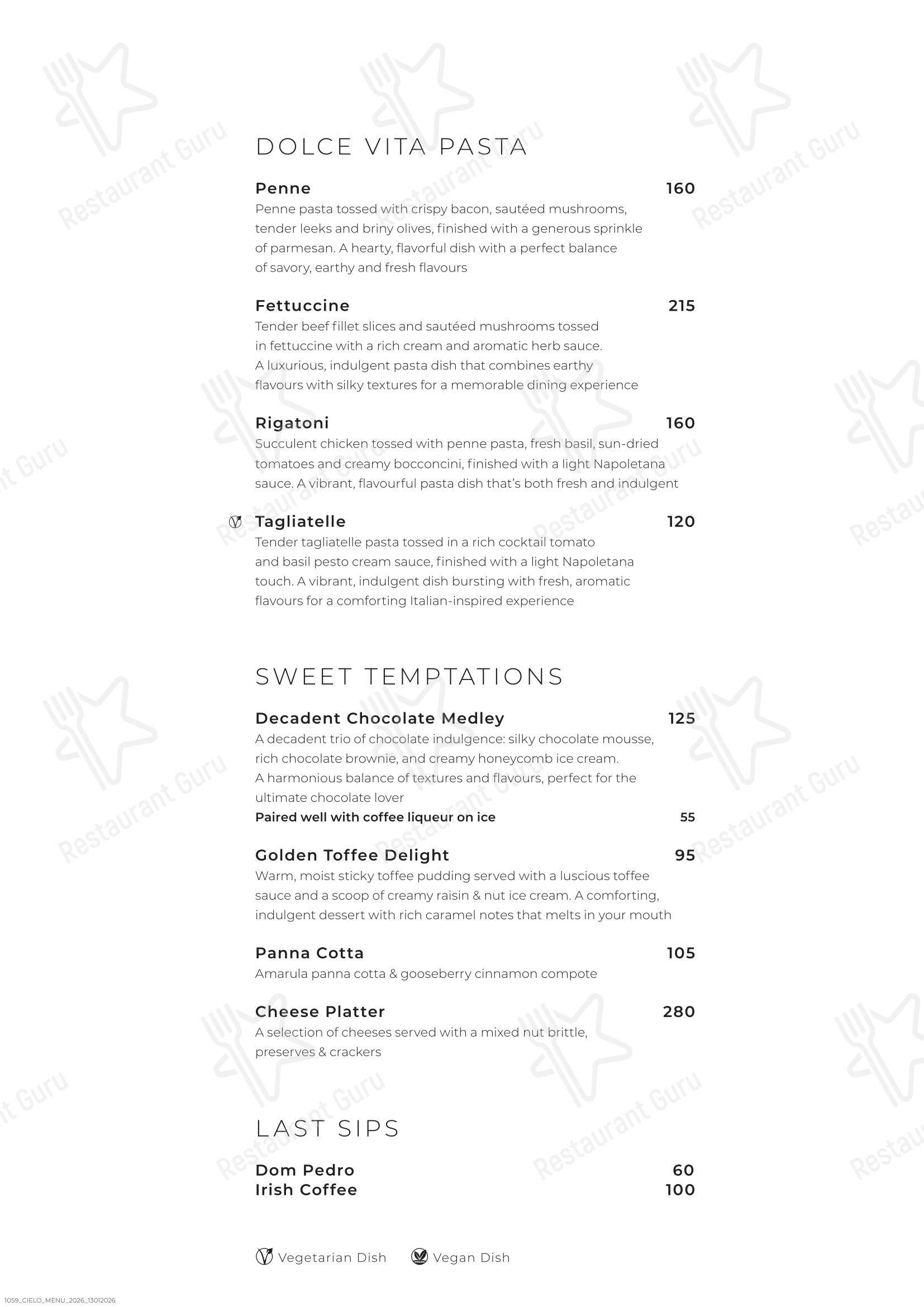 Bar Grill Menu ресторана Restaurant Cielo @ Avianto