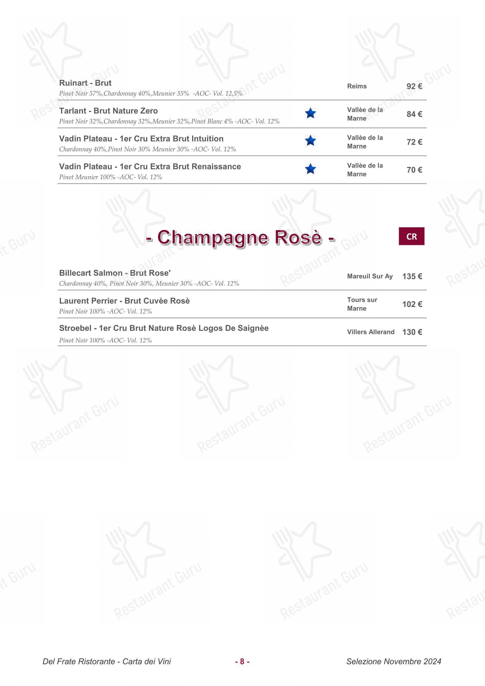 Меню напитков ресторана Ristorante Del Frate