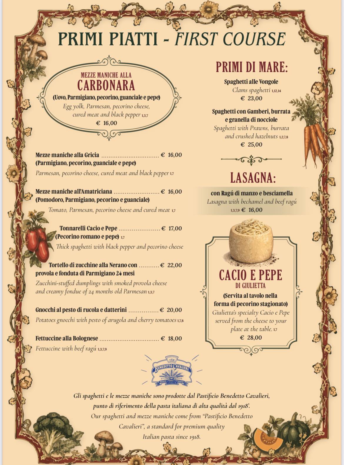 Giulietta alle Carrozze Ristorante меню