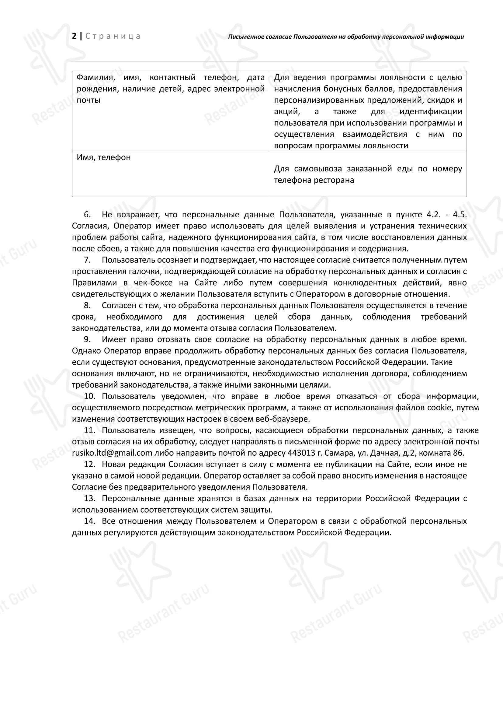 Меню ресторана Русико