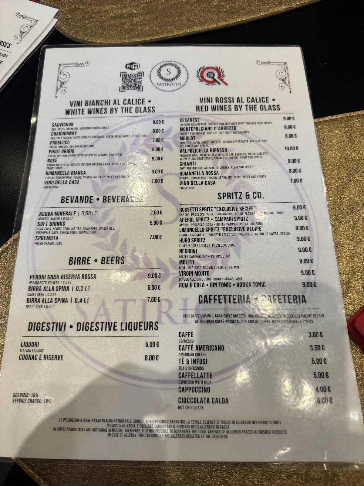 Satiricus Ristorante Pizzeria меню
