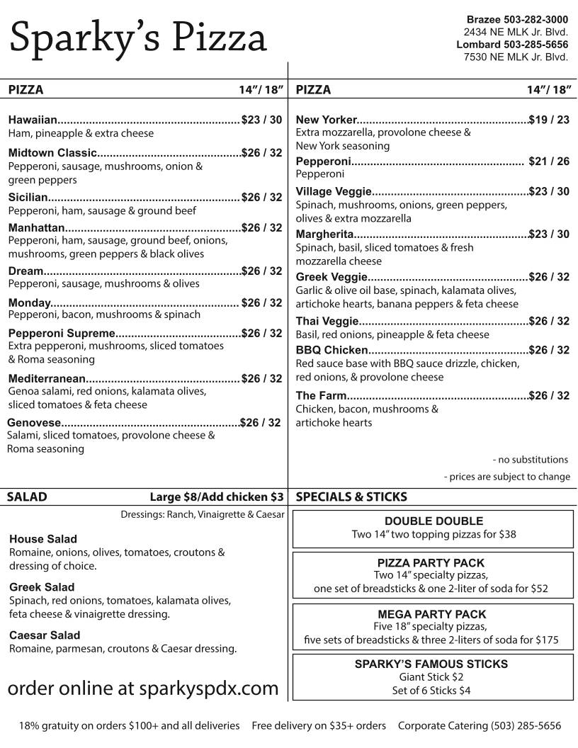 Sparky's Pizza меню