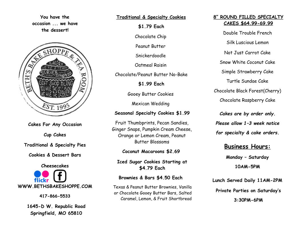 BETH'S BAKE SHOPPE & TEA ROOM (Serves Lunch 11-2) меню