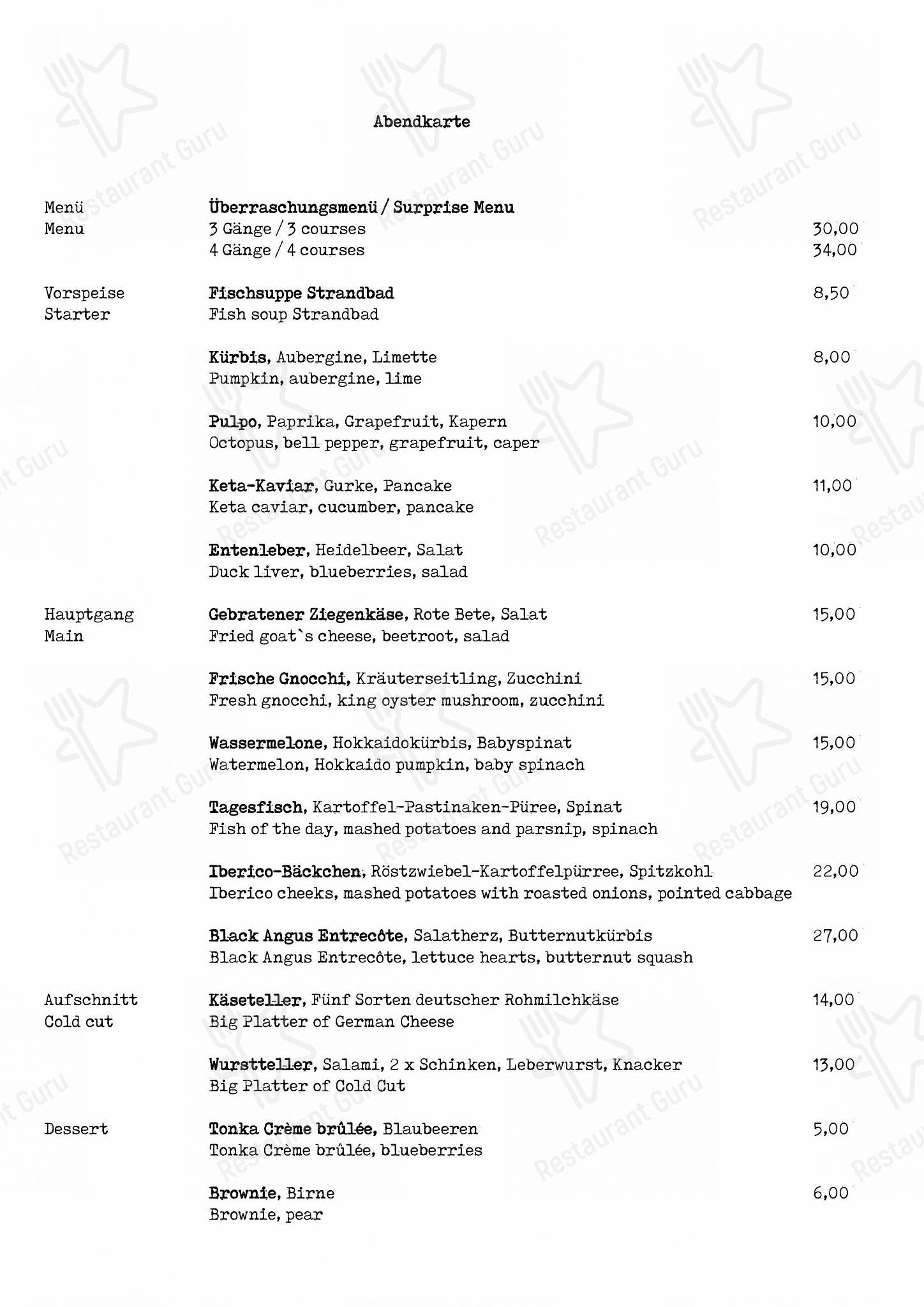 Dinner Menu ресторана Strandbad Mitte в Берлине
