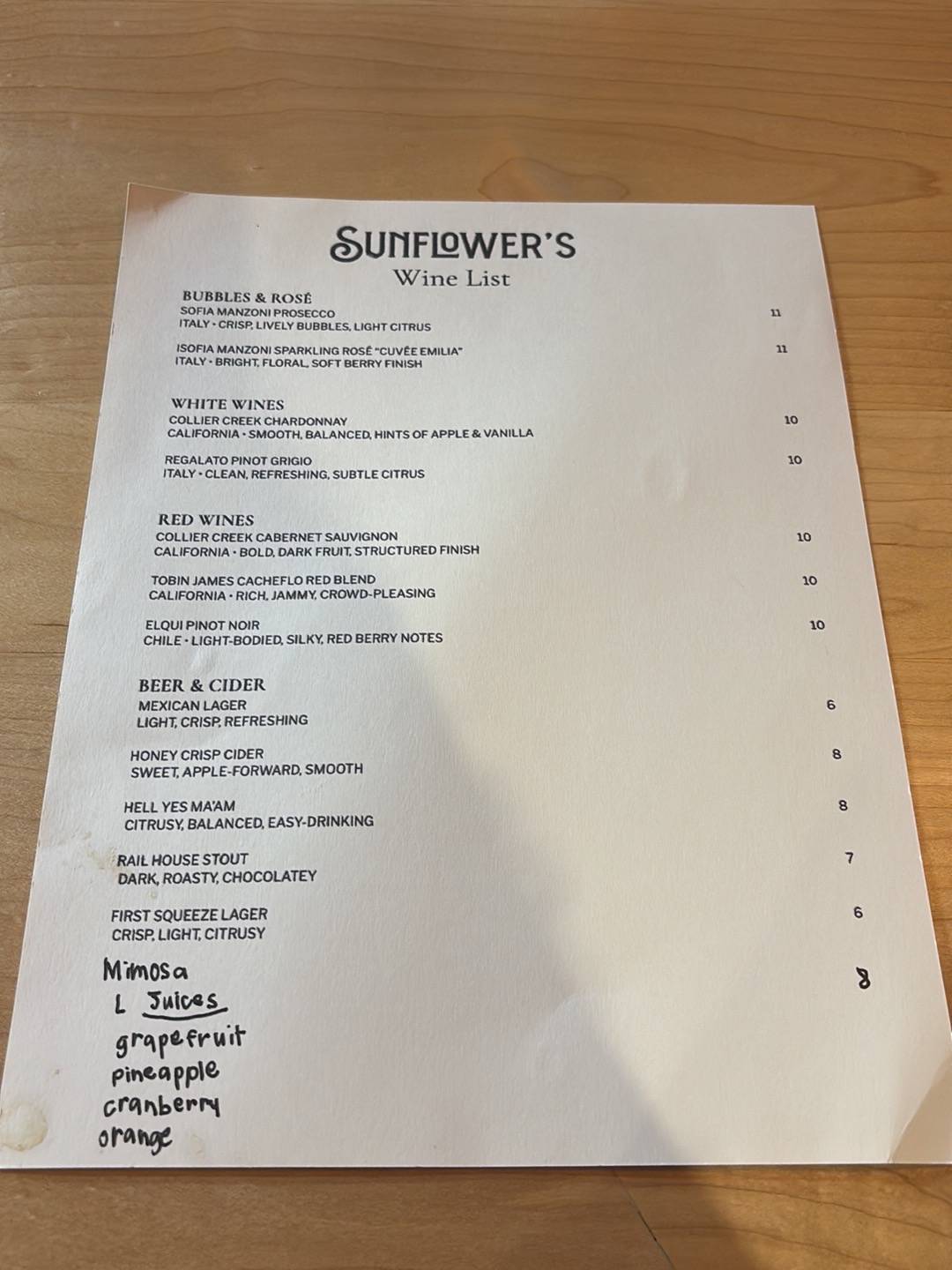 Sunflower's меню