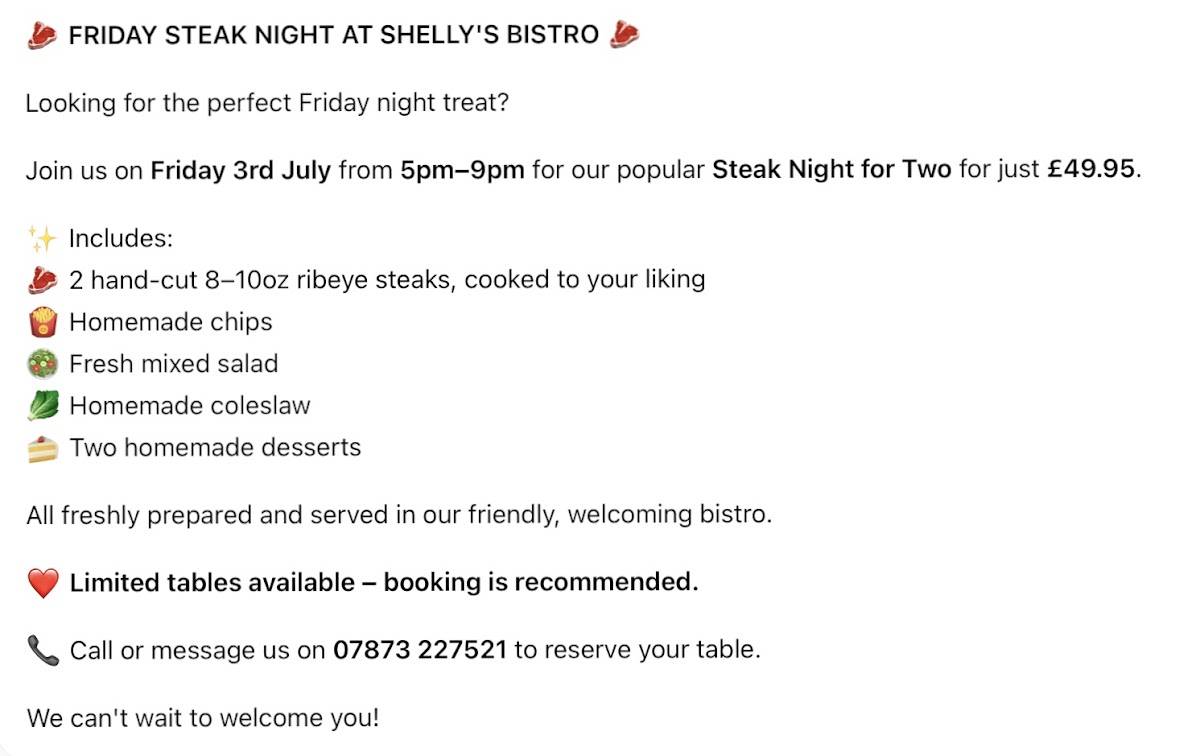 Shelly's bistro меню