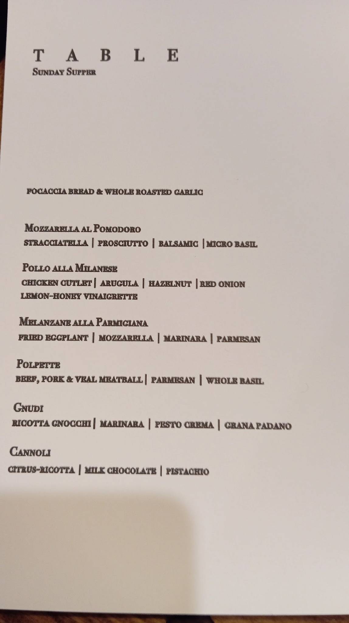 TABLE меню