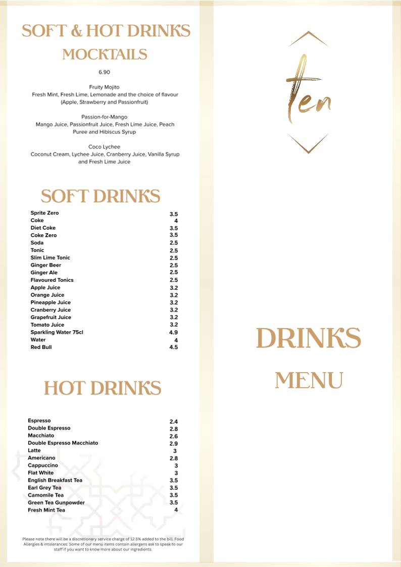 Ten Restaurant меню