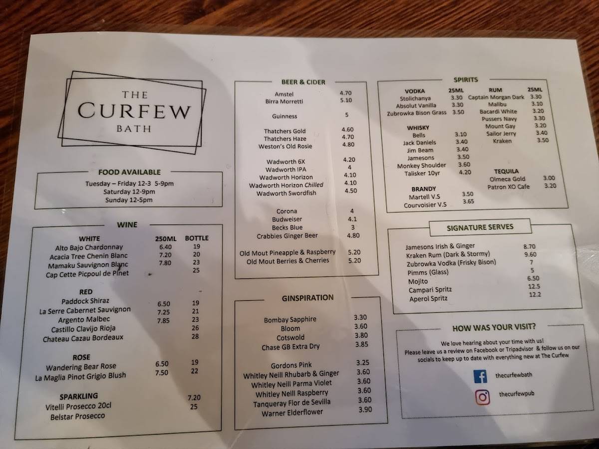 The Curfew - Bath меню