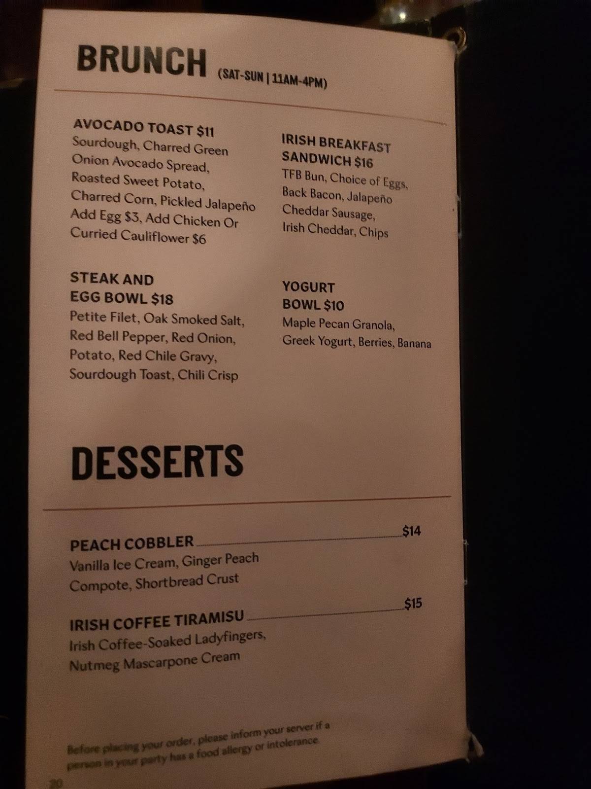 The Dead Rabbit, Austin меню