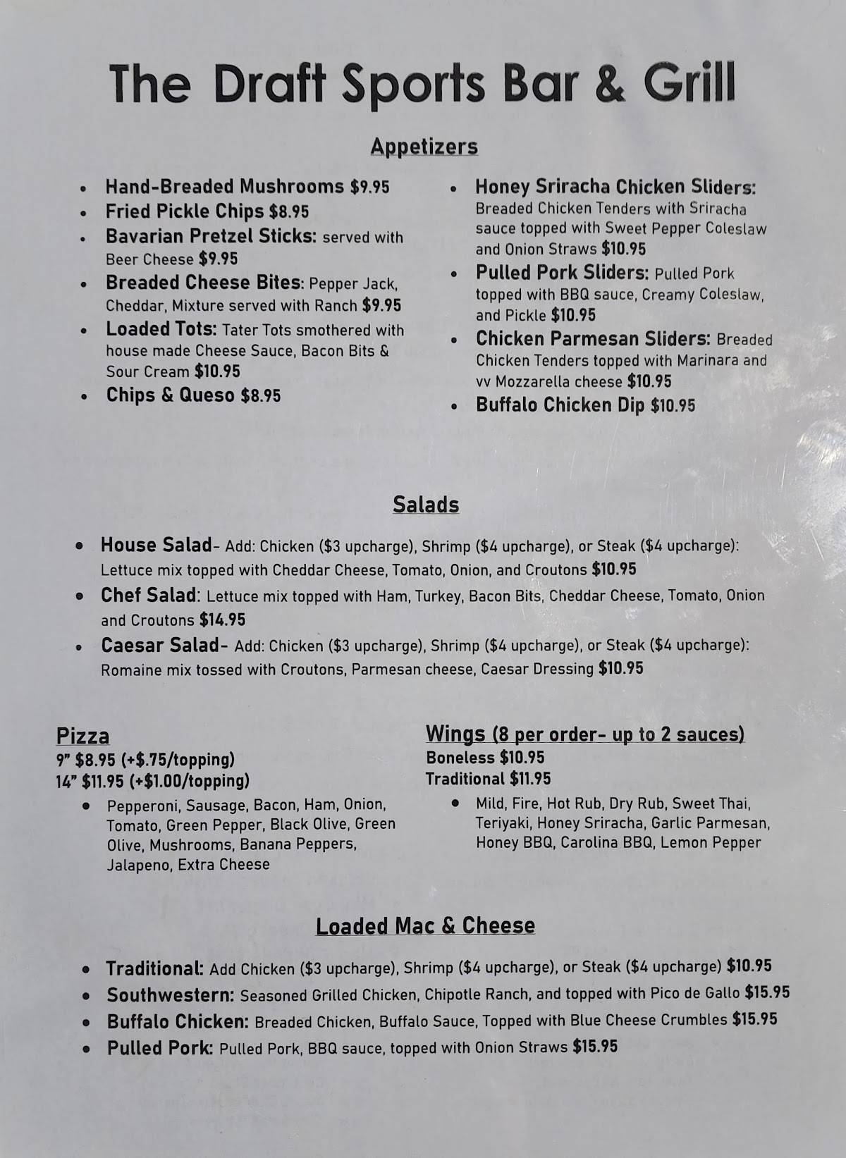The Draft Sports Bar And Grill меню