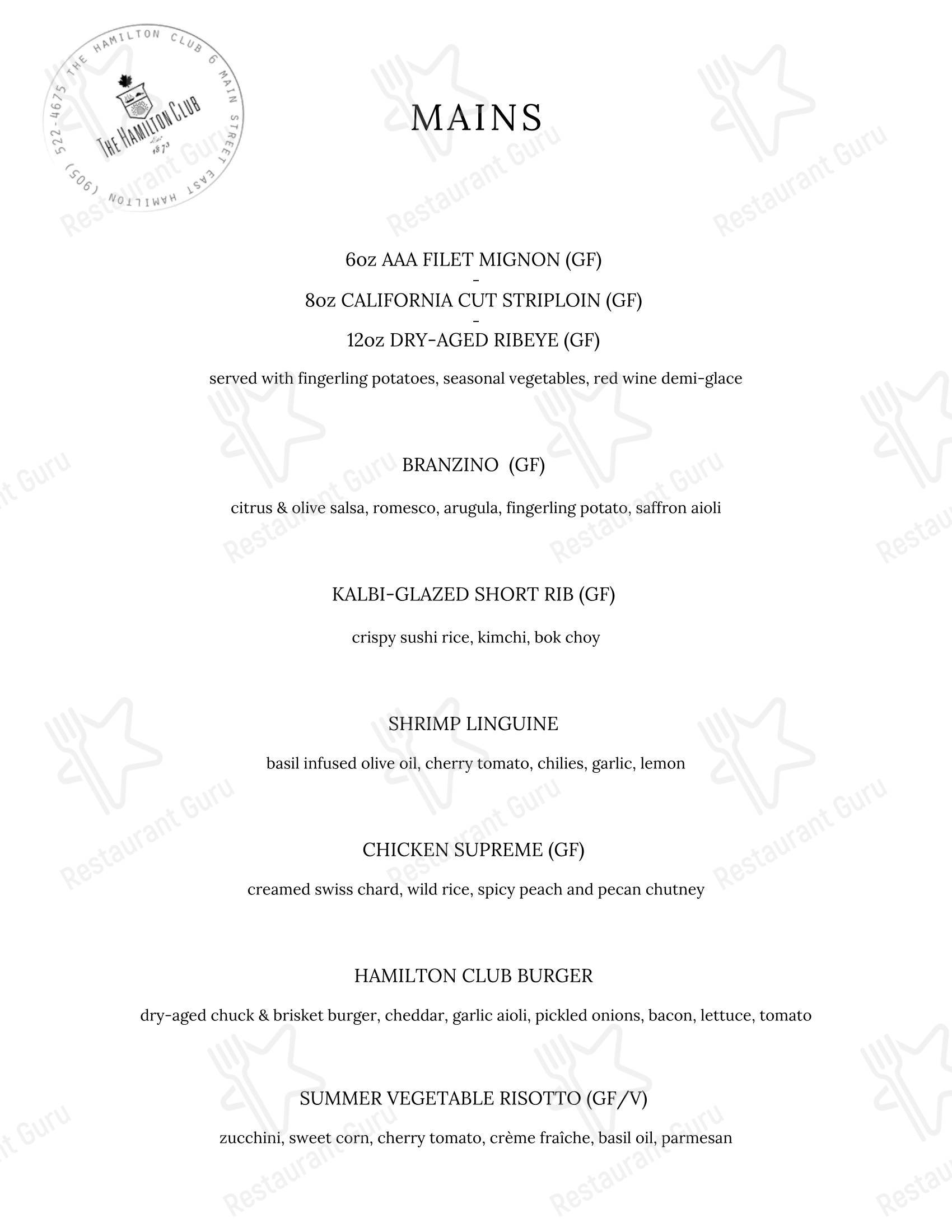 Основное меню паба и бара The Hamilton Club в Гамильтоне