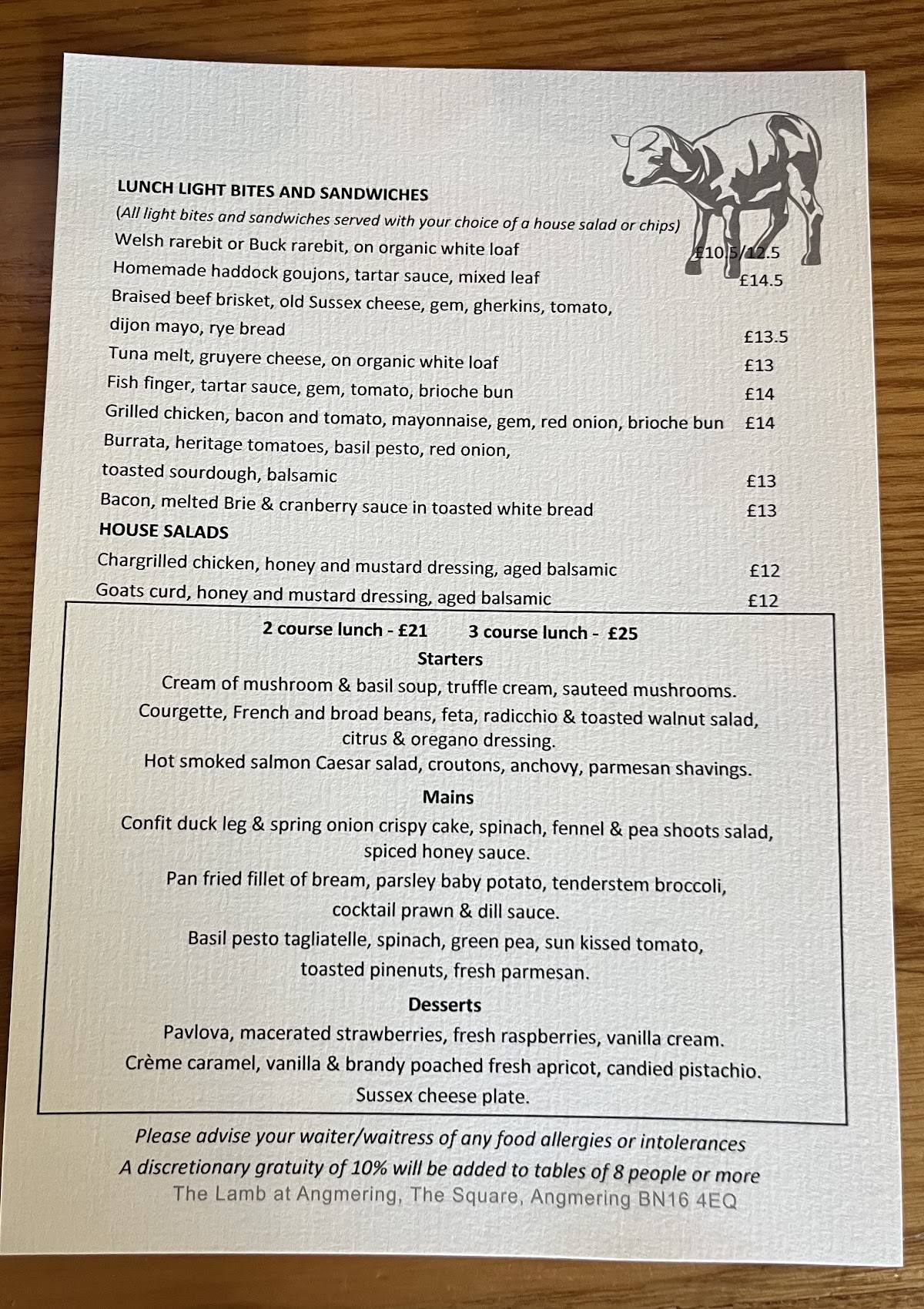 The Lamb At Angmering меню
